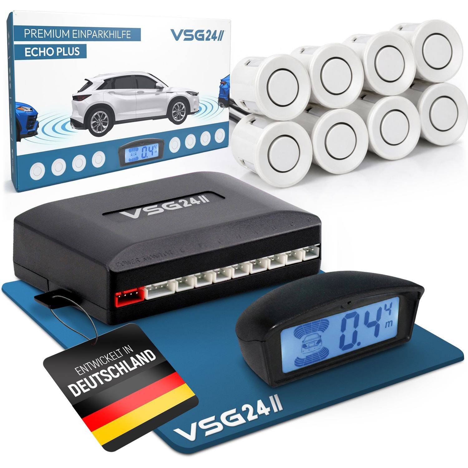 VSG24 Premium Kombi-Einparkhilfe ECHO PLUS Display Parkhilfe zum nachrüsten Rückfahrkamera (Rückfahrwarner mit Display & 8 Sensoren Stecksystem Nachrüstsatz PDC)