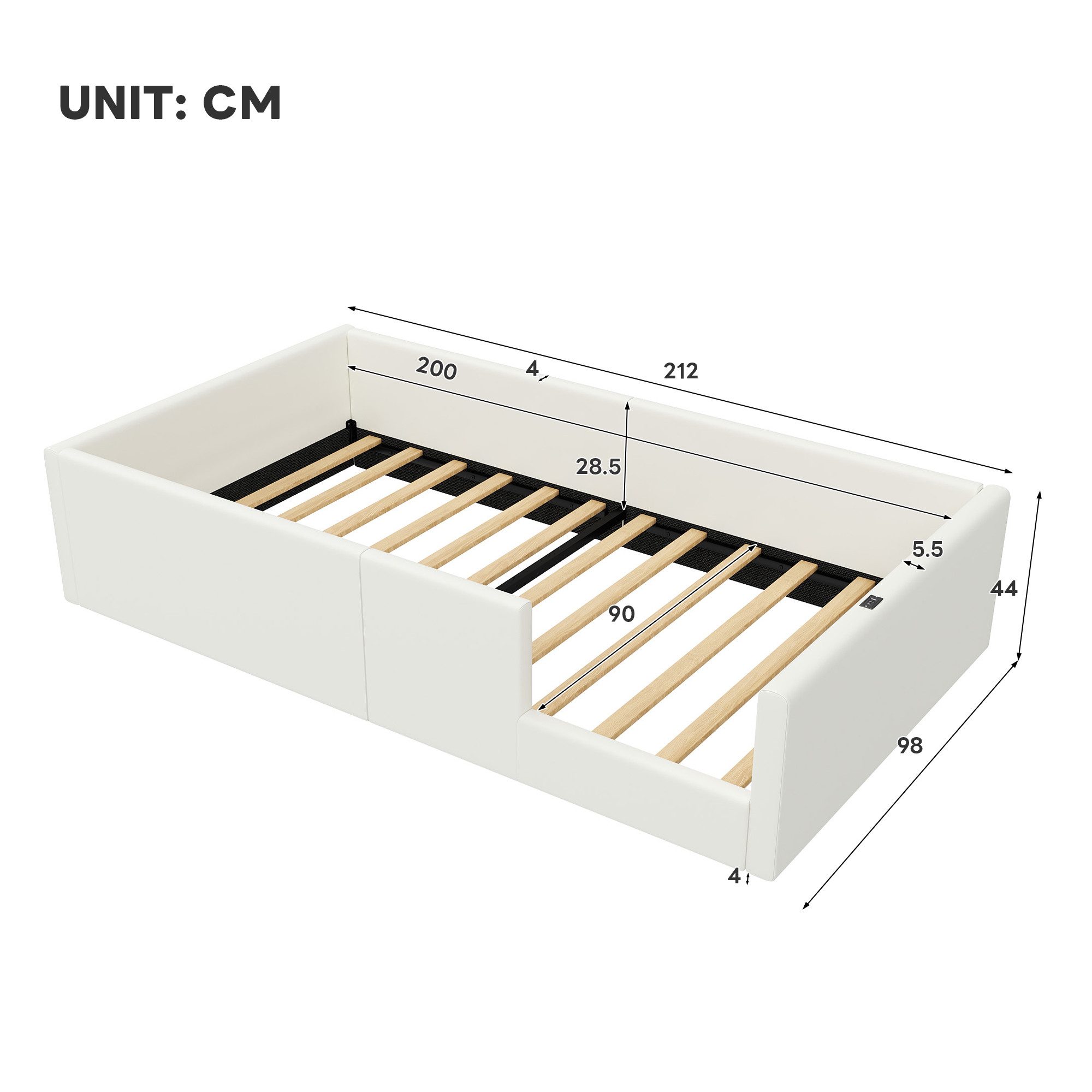 Merax Polsterbett gepolstertes Plattformbett Jugendbett mit USB & Typ-C (1-tlg), Kinderbett 90x200cm mit Schutzgeländer und Holzrahmen, Kunstleder – Bild 4 von 5