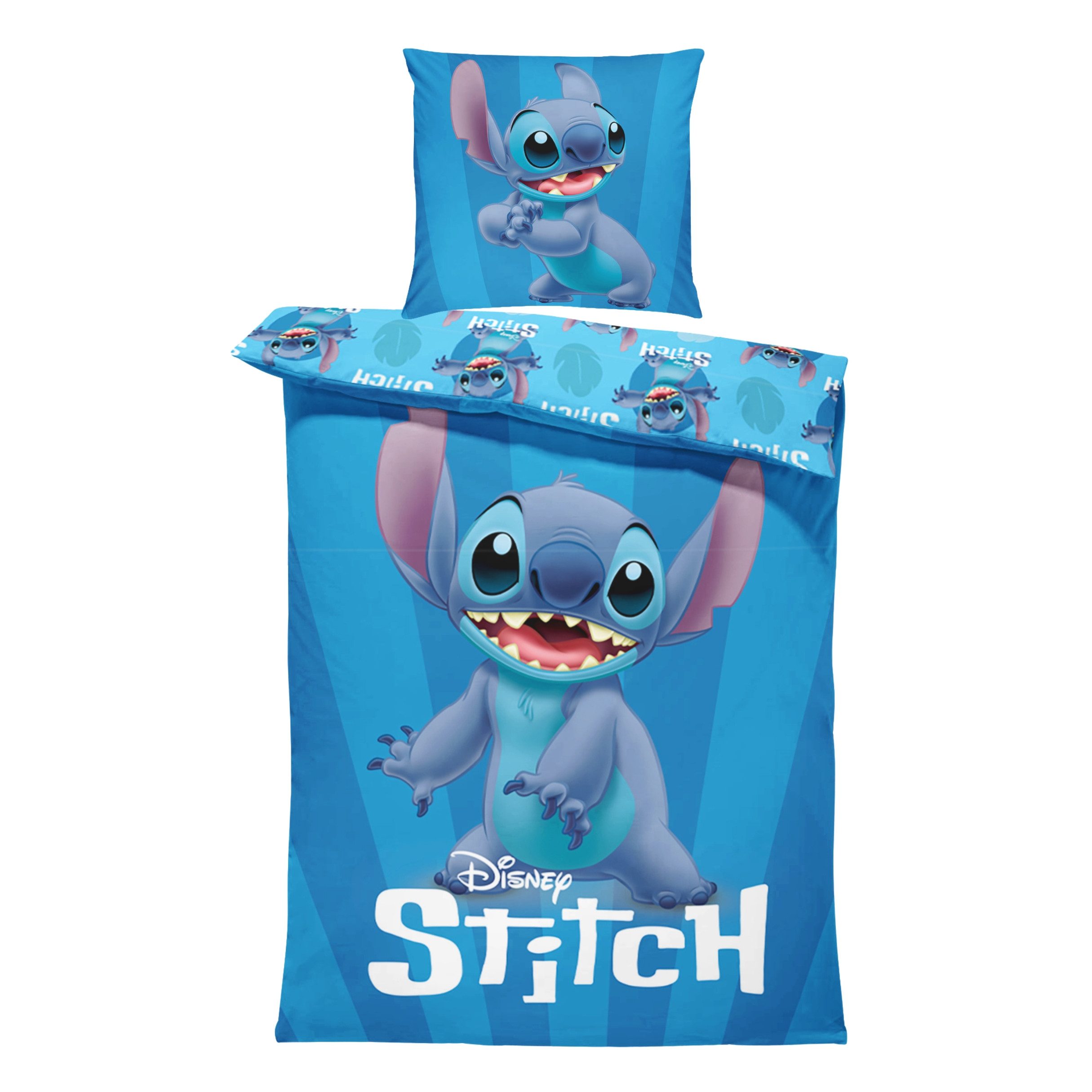 MTOnlinehandel Kinderbettwäsche Disney Lilo & Stitch „Dance“ 135x200 + 80x80 cm in Renforcé, 100% Baumwolle, 2 teilig, Kräftige Blautöne und modernes Stitch Design – weich und pflegeleicht