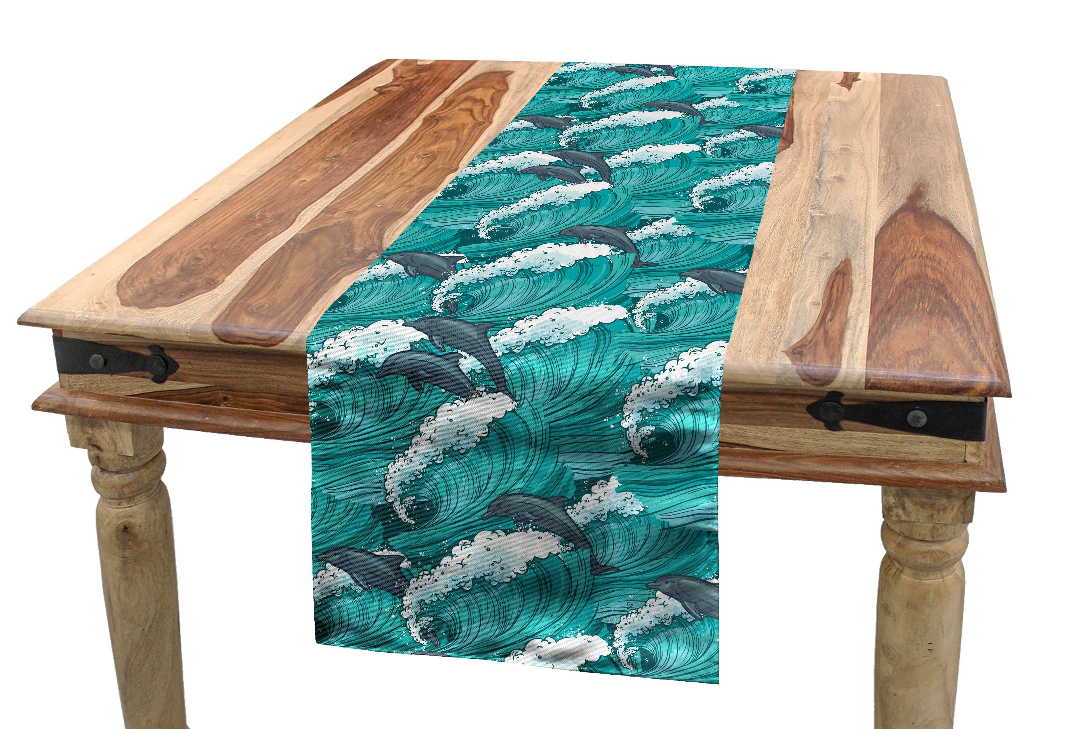 Abakuhaus Tischläufer Esszimmer Küche Rechteckiger Dekorativer Tischläufer, Ozean Surfen Doodle Dolphins | Tischläufer