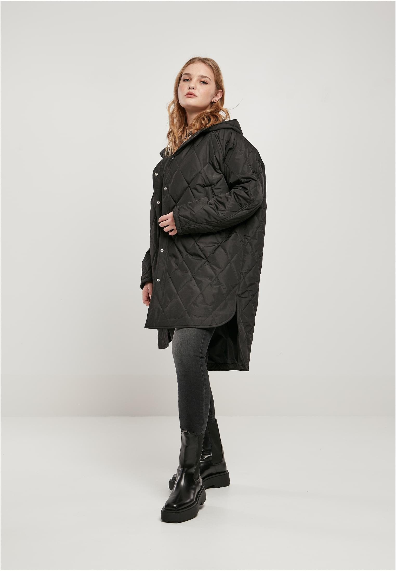 Diamond Quilted Oversized Ladies Coat black (1-St) CLASSICS Damen Hooded Outdoorjacke URBAN