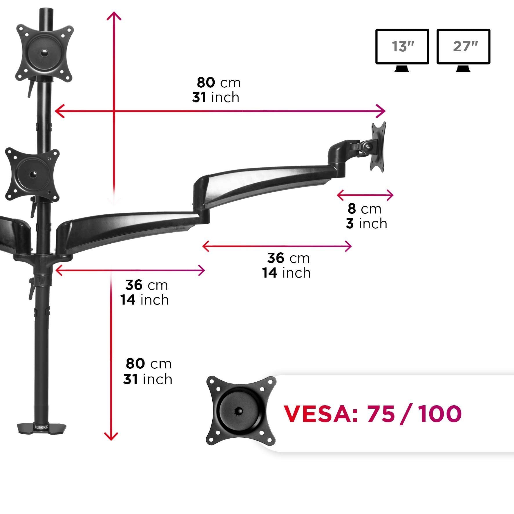 Duronic Monitorständer DM453VX1, (bis 27,00 Zoll, DM453VX1 Monitorarm, Monitor Halterung 4 Bildschirme bis 6 kg) – Bild 4 von 5