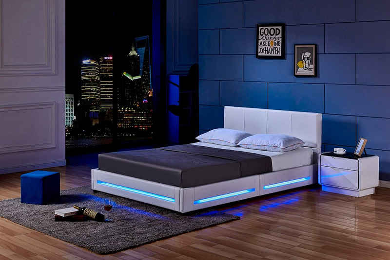 HOME DELUXE Bett LED Bett ASTEROID (Set, 2-tlg., inkl. Lattenrost & LED Beleuchtung), 160x 200 cm gepolstertes Kopfteil, Polsterbett, Kunstlederbett