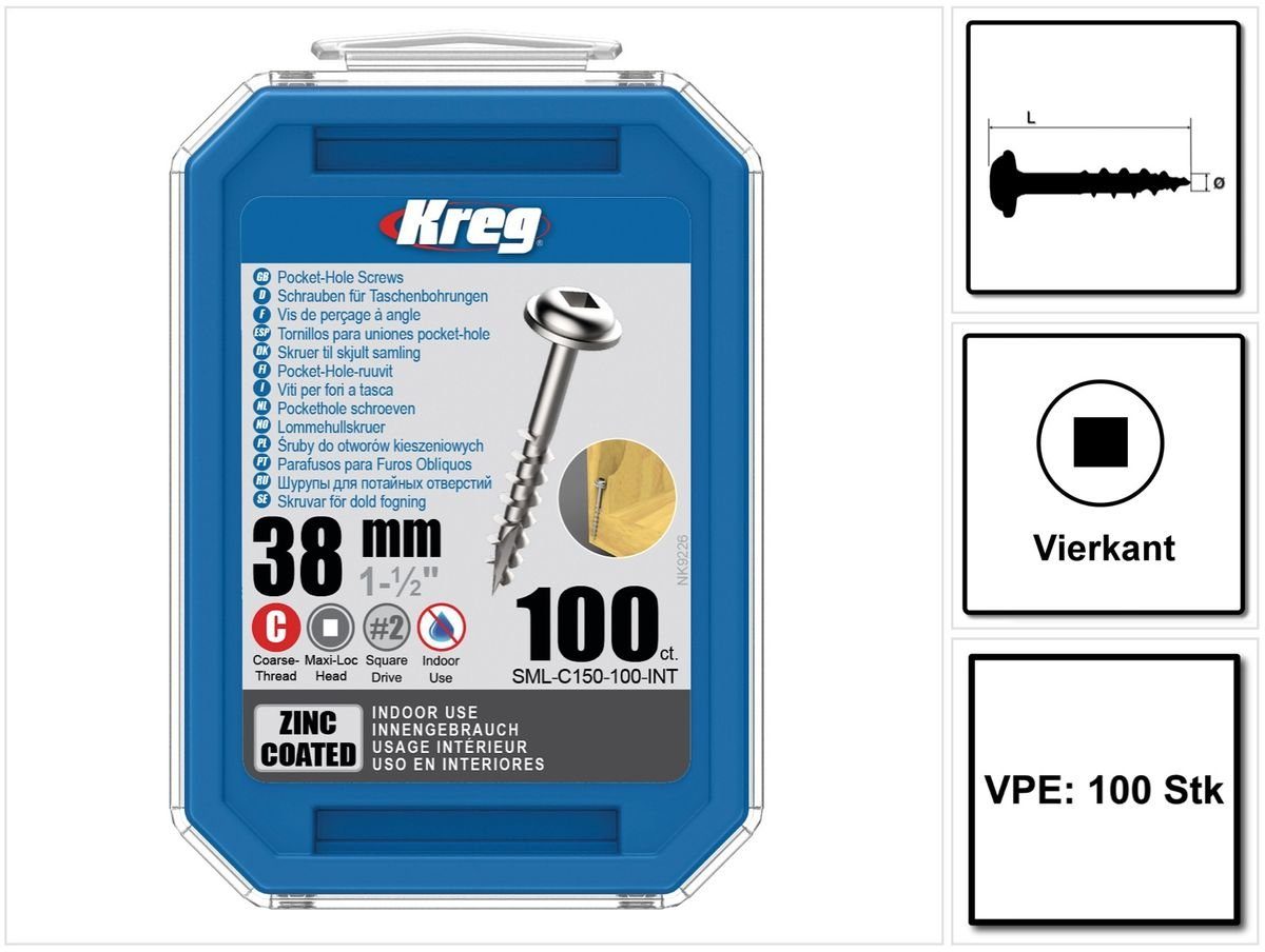 Kreg 38mm Schraube Linsenkopfschraube Pocket-Hole 100 Stk. (SML-C150-100) Vierkan