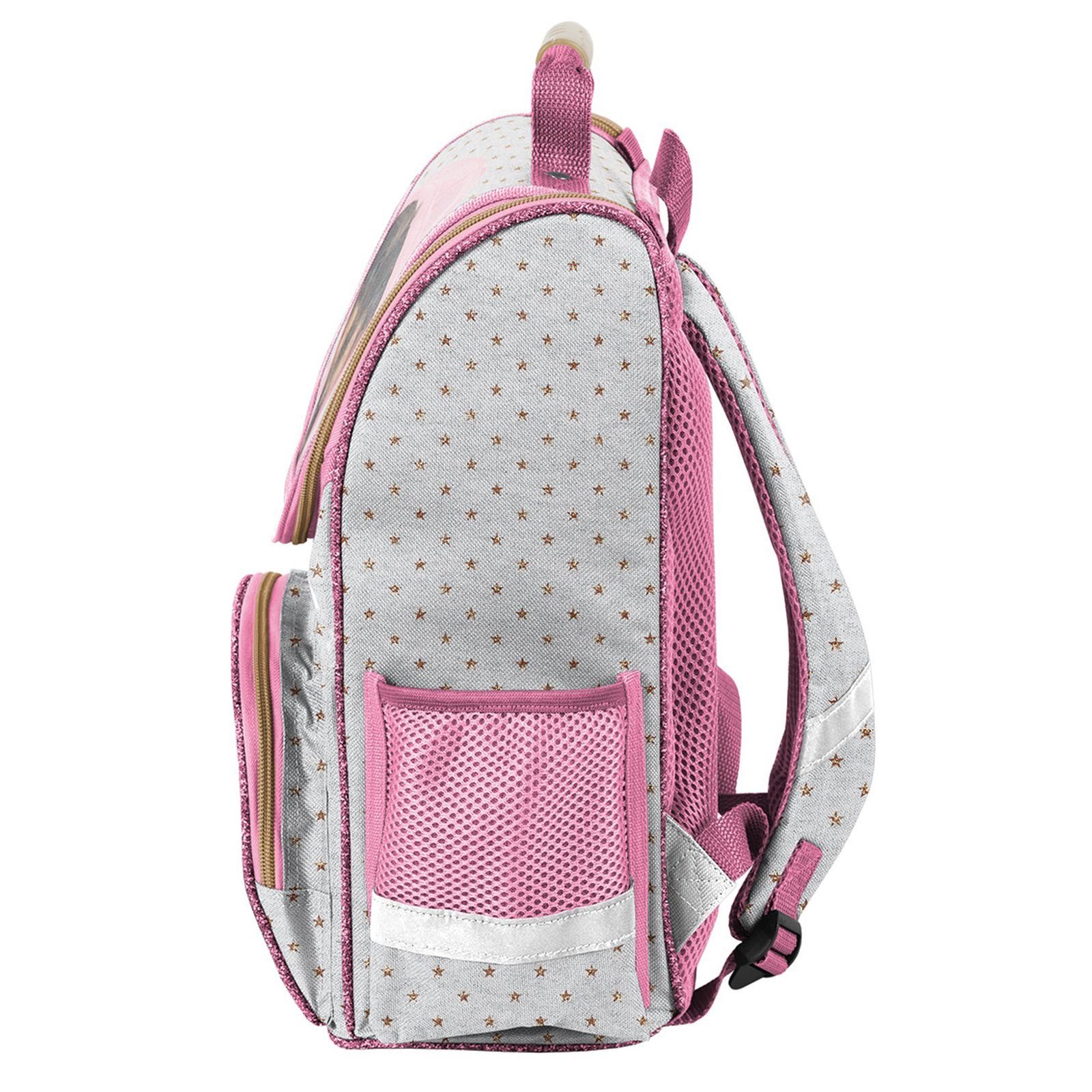 PASO Schulranzen (Set, 3-Tlg), Mit Turnbeutel & Befüllter Federmappe - Hündchen mit Kapuze-Rosa/Grau