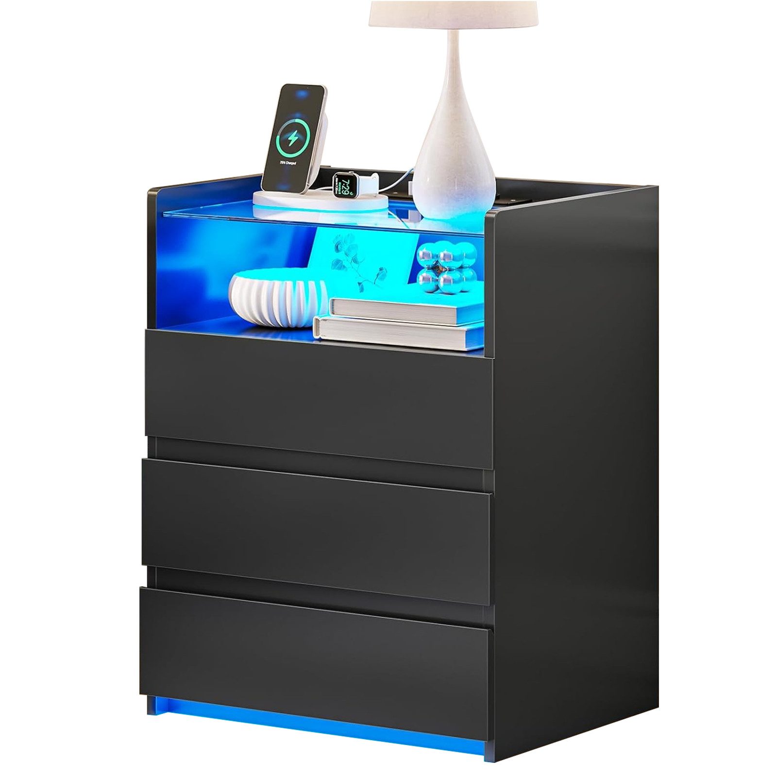MSMASK Nachttisch mit LED-Beleuchtung und Steckdosen, 3 Schubladen, 45x35x61cm (1-St), Nachtschrank mit Sichtbarer Glastischplatte