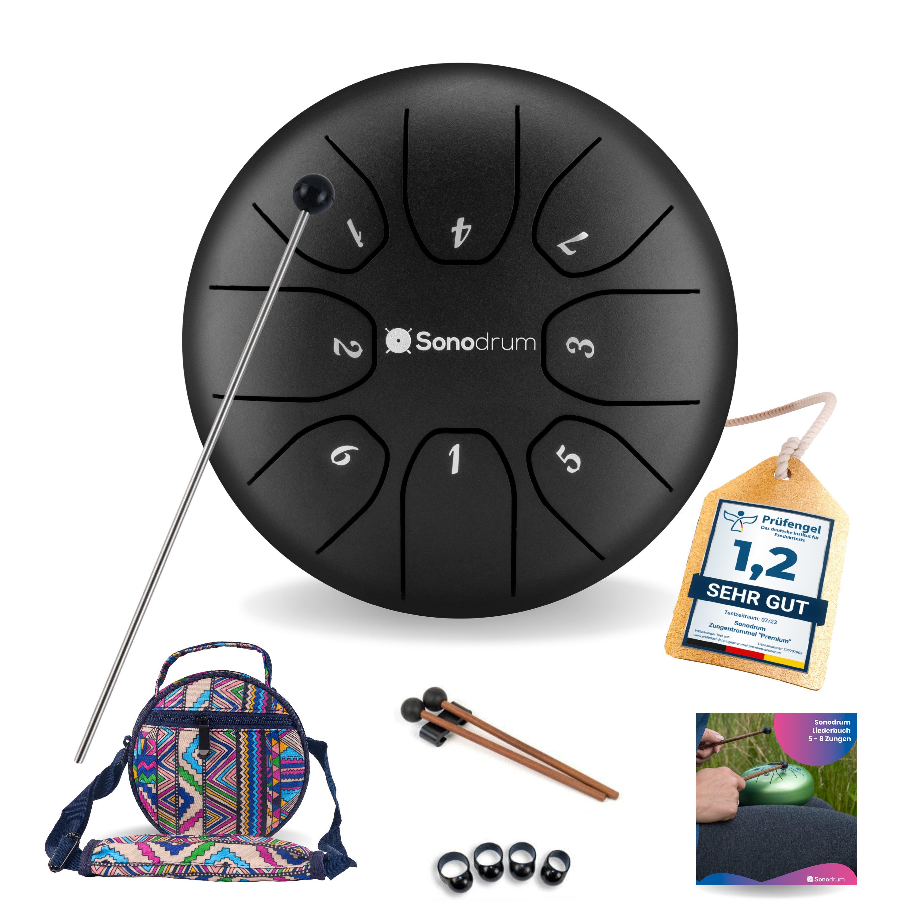 Sonodrum Steel Tongue Drum "Standard", C-Dur, 14 cm, 8 Zungen inkl. Liederbuch und Tragetasche