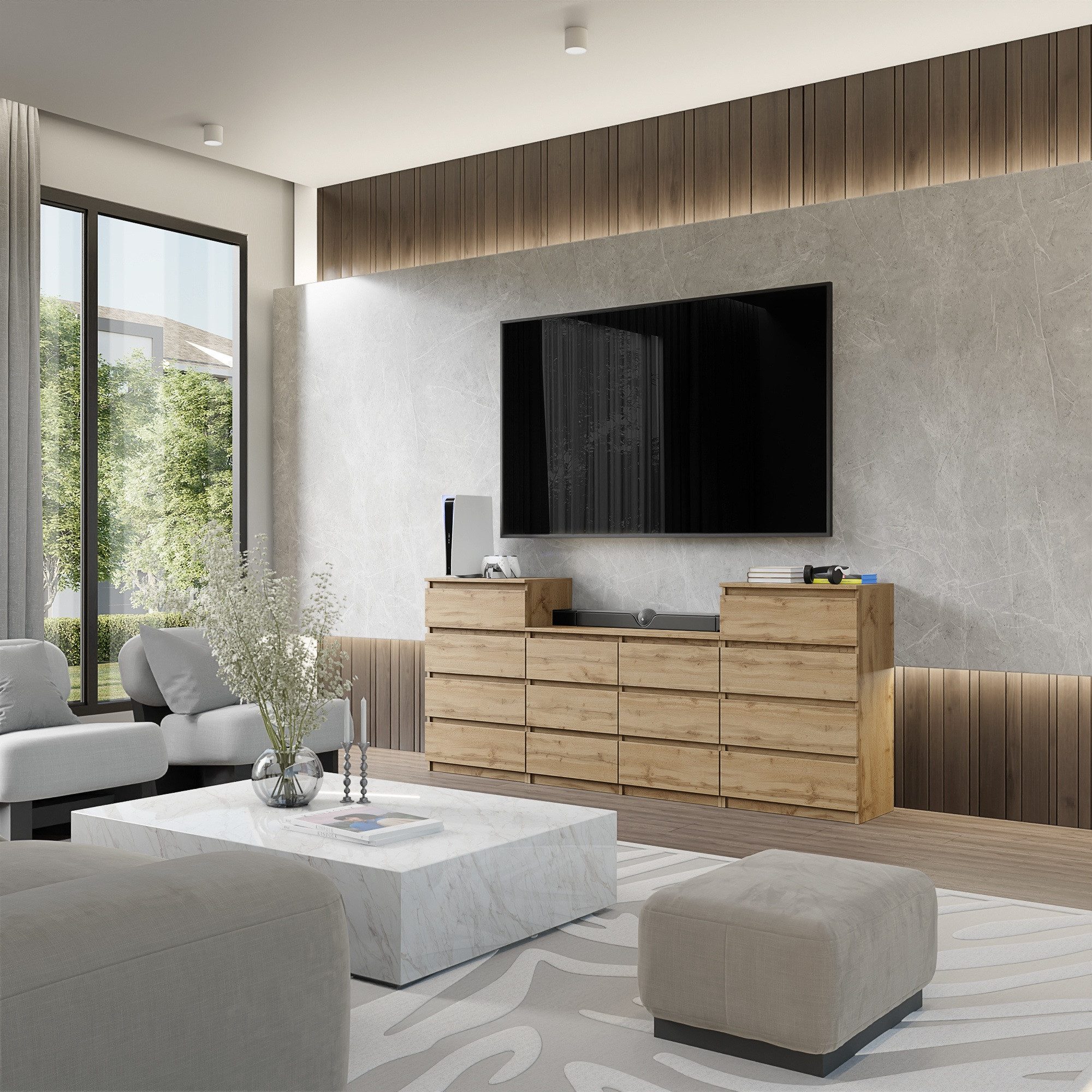 Furnica Kommode Wotan Eiche 220 cm mit 14 Schubladen (4+6+4)-Wohn- und Schlafzimmer