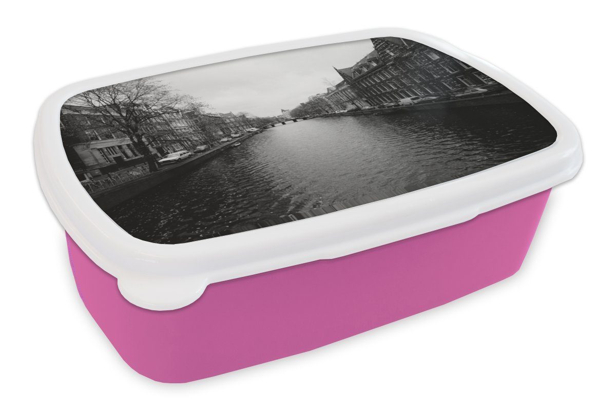 MuchoWow Lunchbox Amsterdamer Gracht - Schwarz und weiß, Kunststoff, (2-tlg), Brotbox für Erwachsene, Brotdose Kinder, Snackbox, Mädchen, Kunststoff rosa
