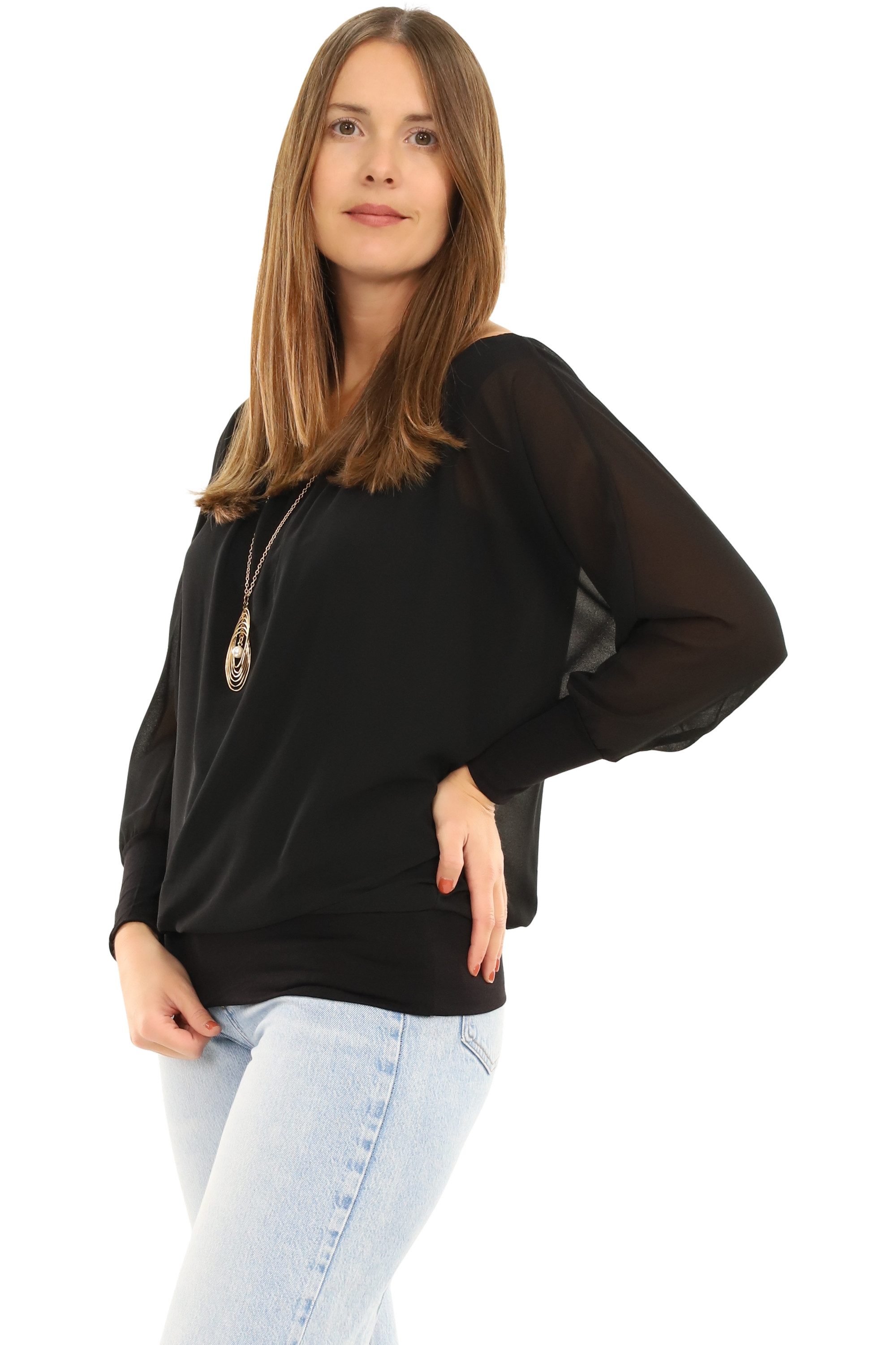 malito more than fashion Chiffonbluse malito Damen Bluse mit passender Kette, Tunika mit ¾ Armen, Blusensh Bluse mit Fledermausärmeln Einheitsgröße