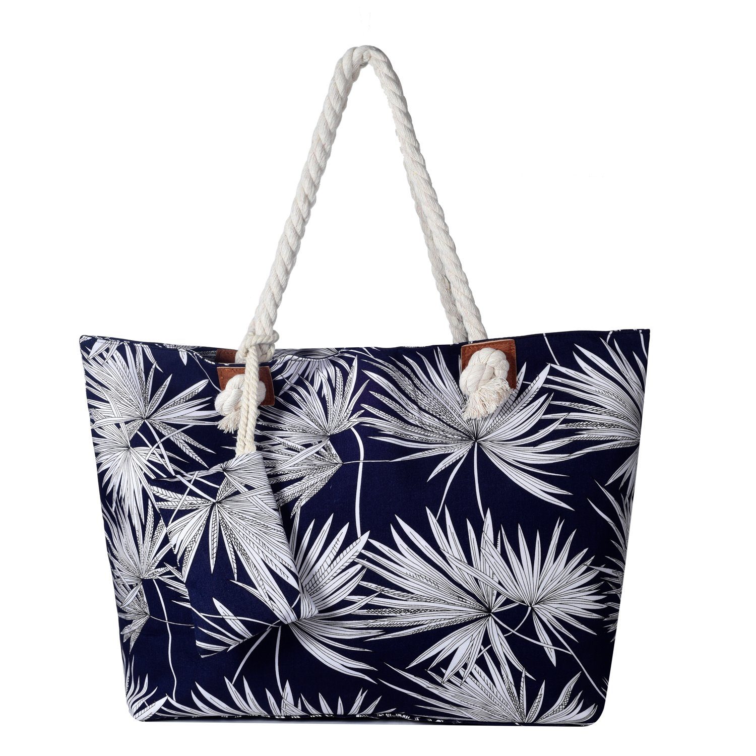 DonDon Strandtasche Shopper Schultertasche Beach Style (2-tlg), Große Strandtasche, mit Reißverschluss, tolle Motive seegras Dunkelblau