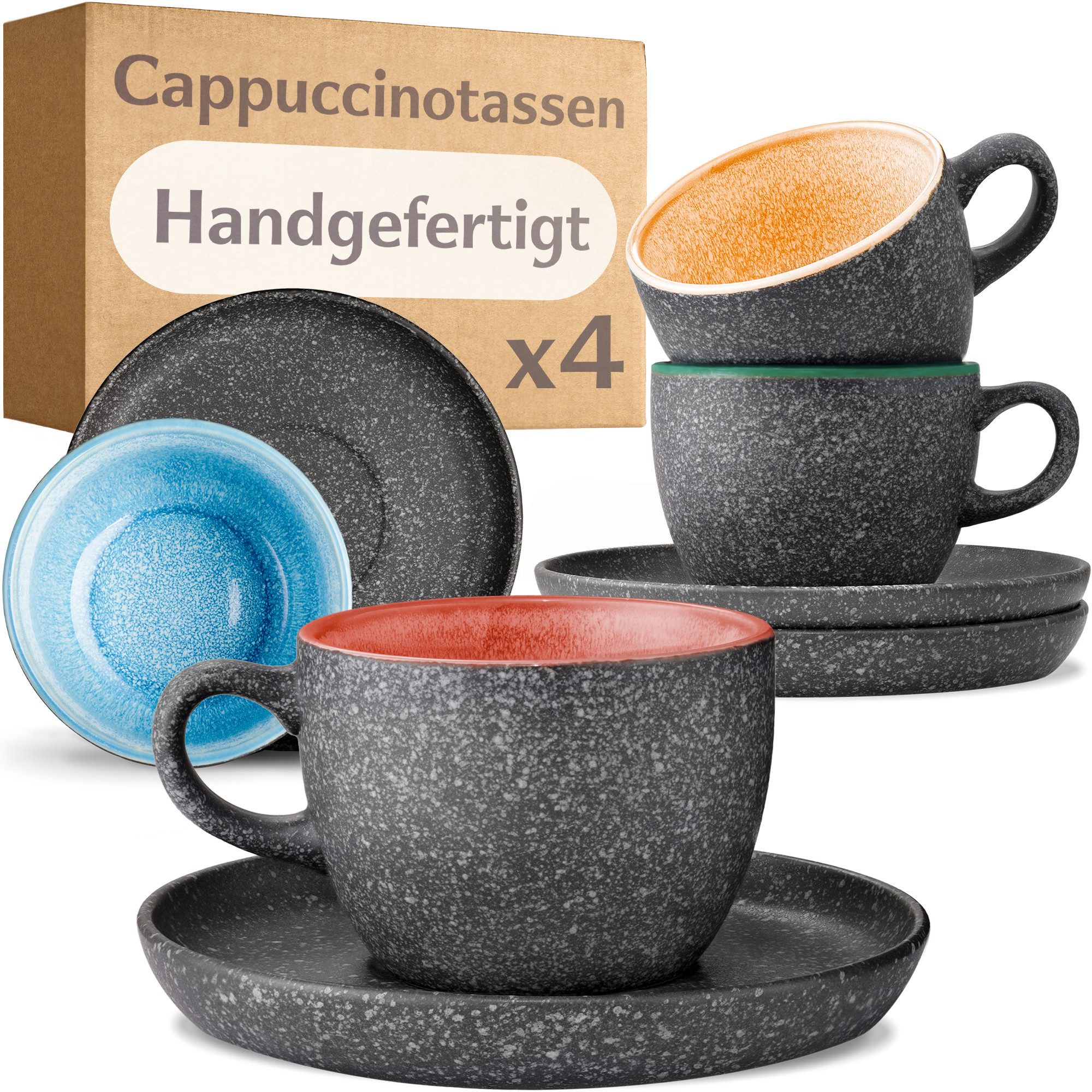 Cosumy Cappuccinotasse Cappuccino Tassen mit Untertassen 4er Set Bunt, 8-tlg., Keramik, Warm