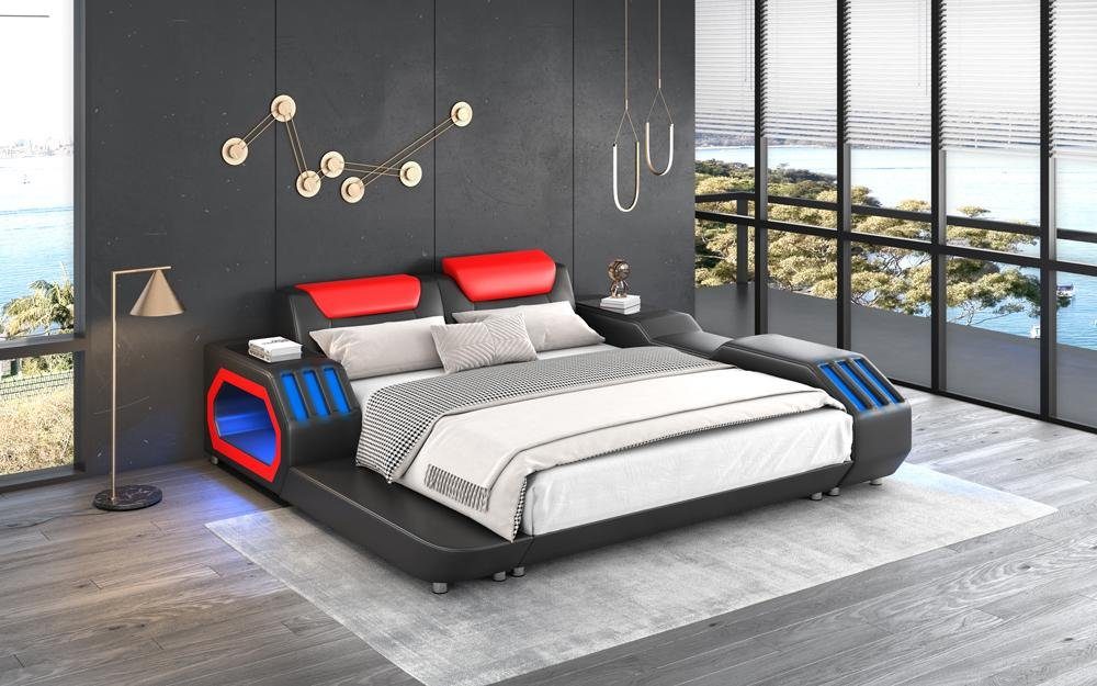 JVmoebel Bett Luxus Led Betten Beleuchtetes Schlafzimmer Bett Lederbett (Bett) Schwarz/Rot