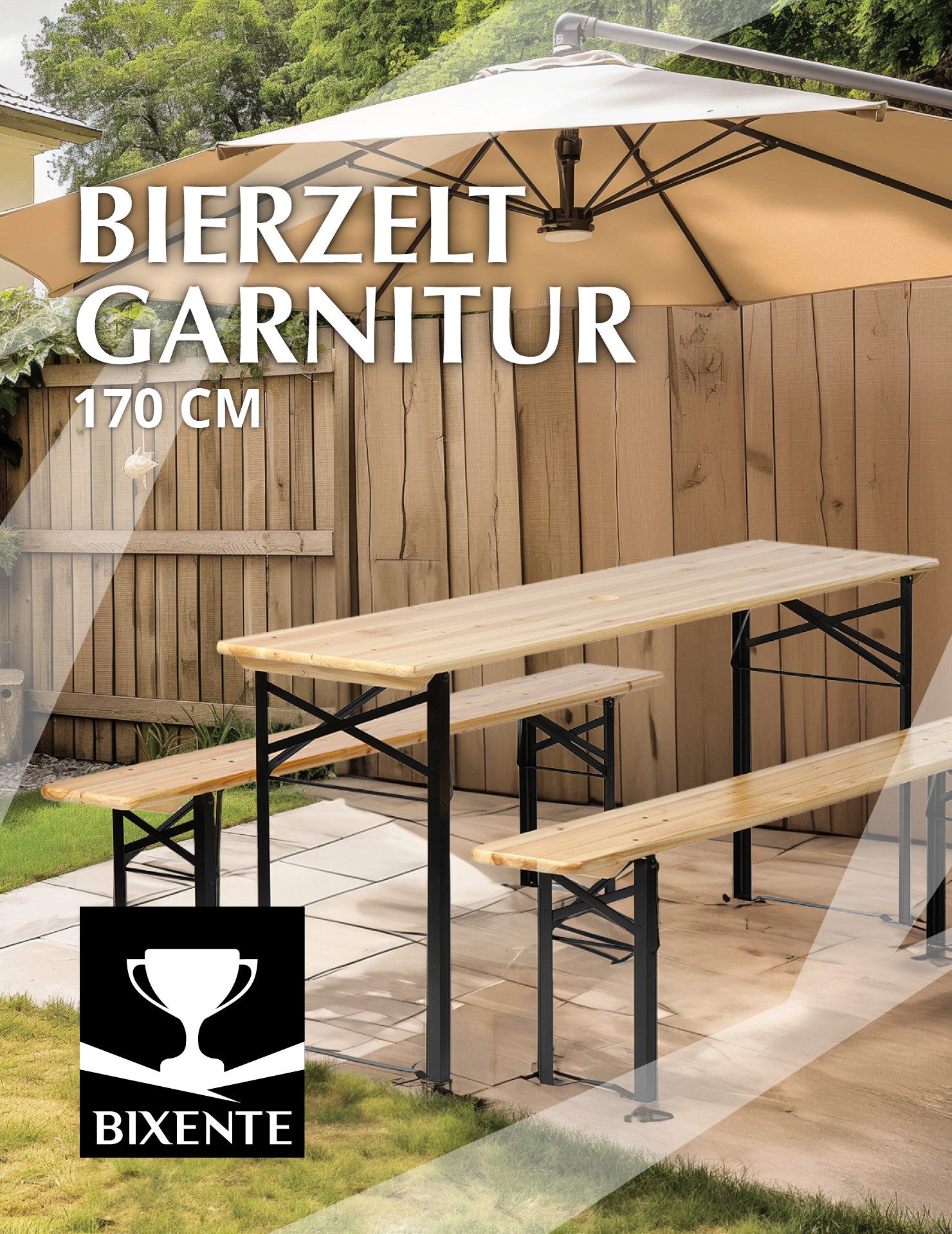 BIXENTE Bierzeltgarnitur inkl. Schirmhalterung 3-tlg. Set, klappbar, 170 x 46 x 75 cm