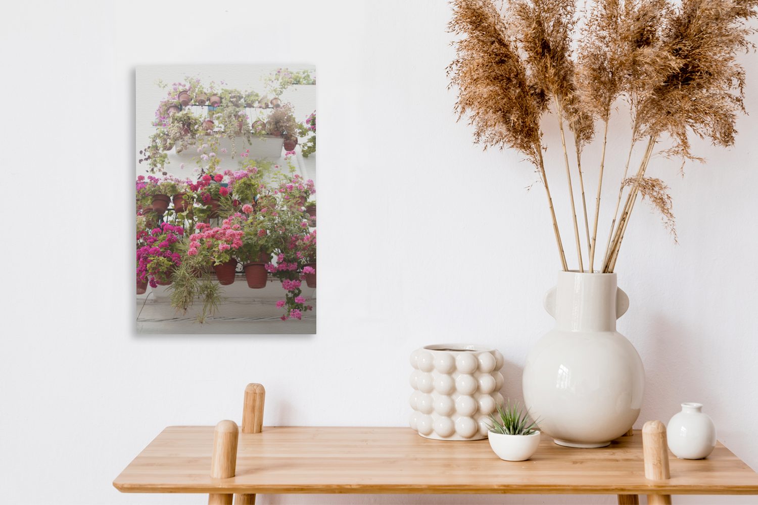 OneMillionCanvasses® Leinwandbild Geranienblüten auf Zackenaufhänger, Balkon, inkl. (1 20x30 Leinwandbild einem cm fertig bespannt St), Gemälde