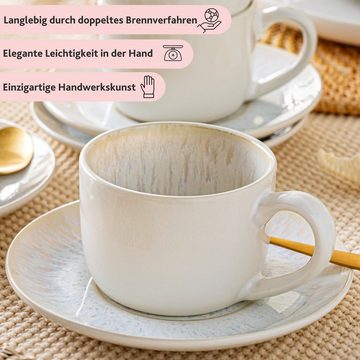SÄNGER Kaffeeservice Korfu Kaffeetassen Set (8-tlg), 4 Personen, Steingut, Creme Farben mit Sandiger Maserung, 160 ml, Handmade