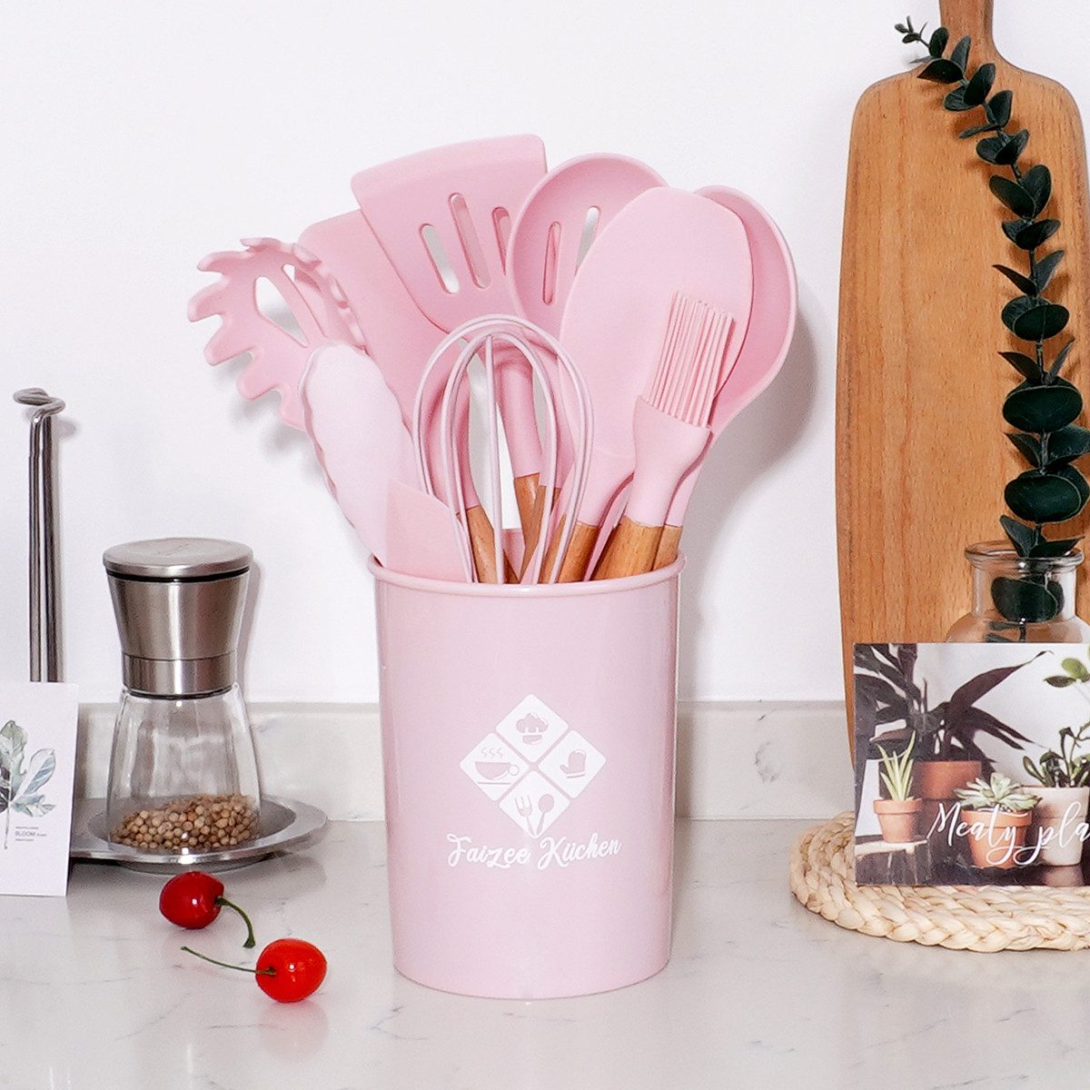 Faizee Möbel Kochbesteck-Set Küchenhelfer Set 38tlg Silikon Kochbesteck Holzgriff Küchenutensilien