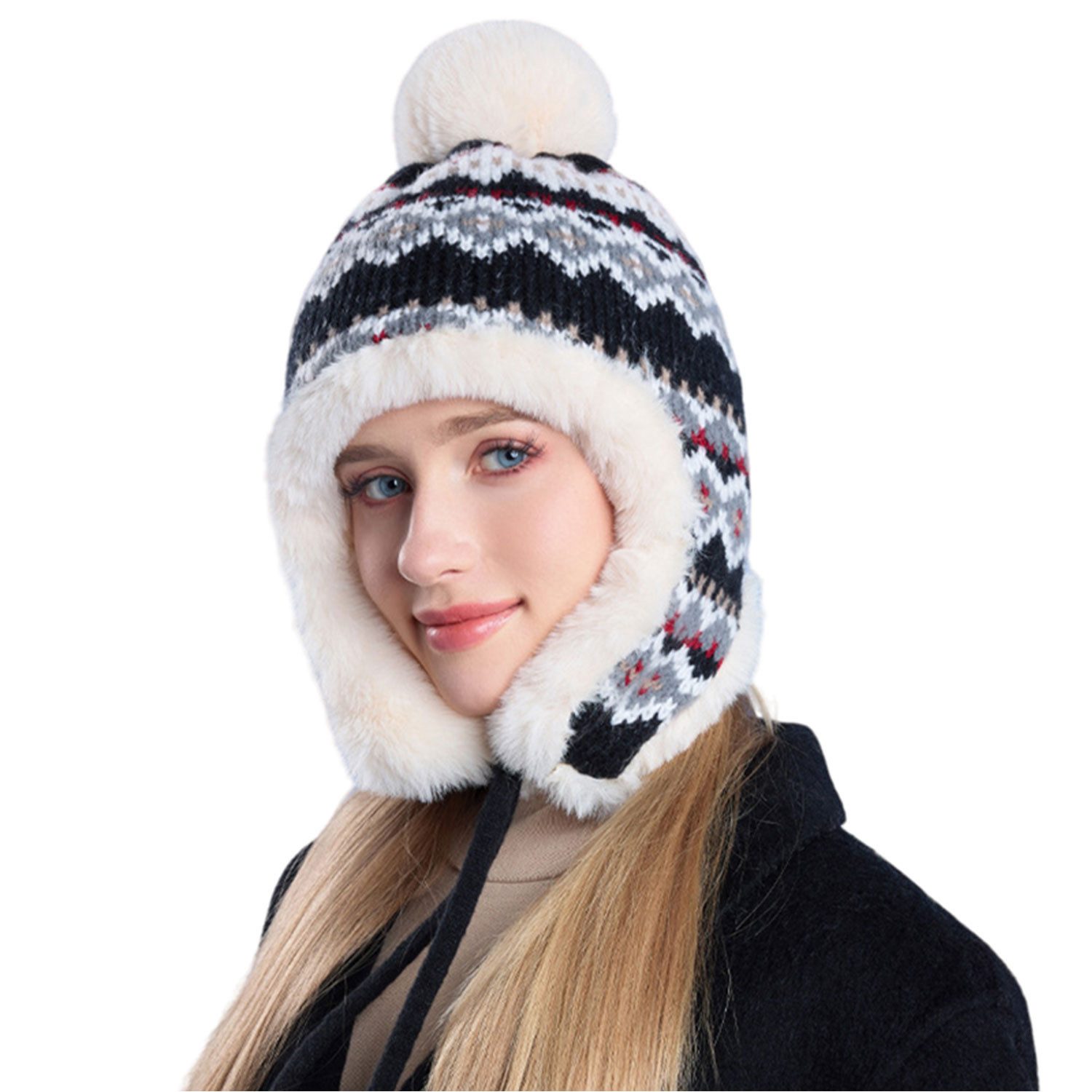 Refttenw Ohrenmütze Plüsch gestrickte Pullover Beanie,Ohrenschützer,Schnürd günstig online kaufen