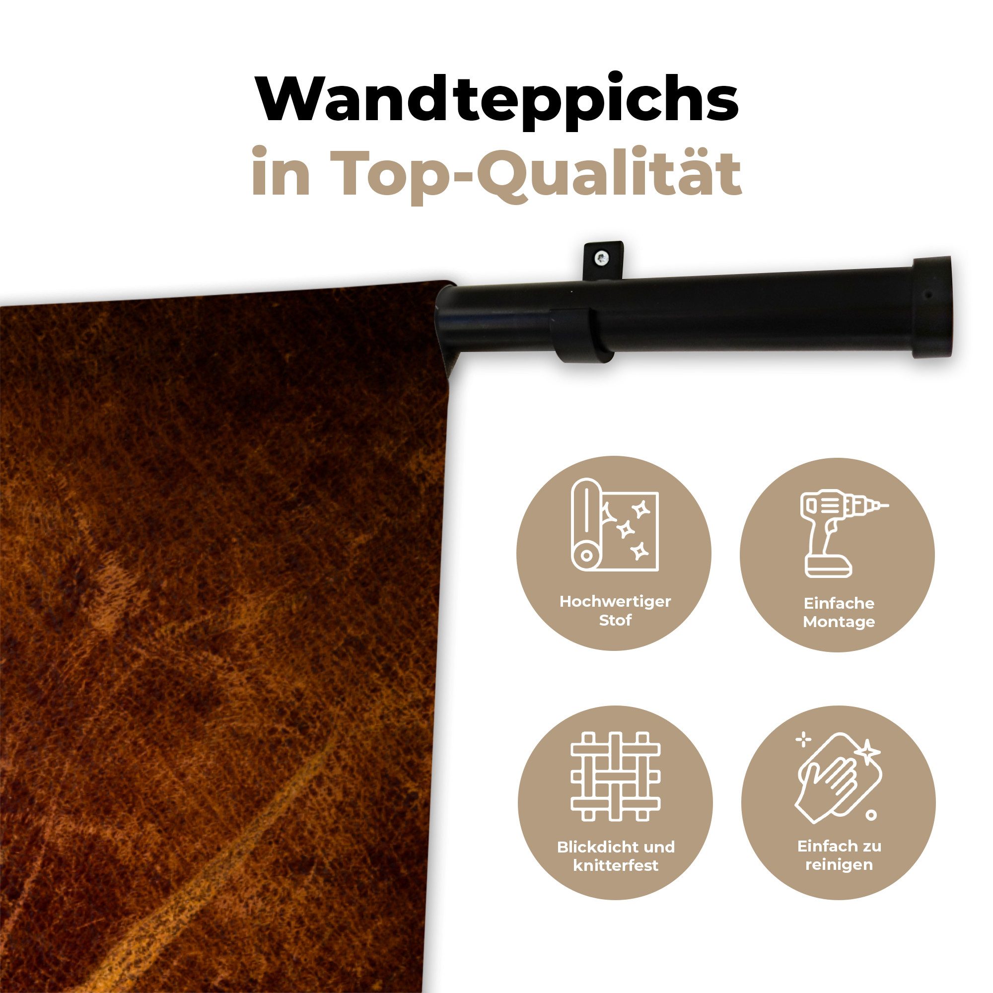 MuchoWow Wandteppich Leder - Lederoptik - Braun - Orange, Rechteckig, Höhe: 3 mm, Wanddeko Teppich Wohnzimmer, Schlafzimmer, 120x90 cm