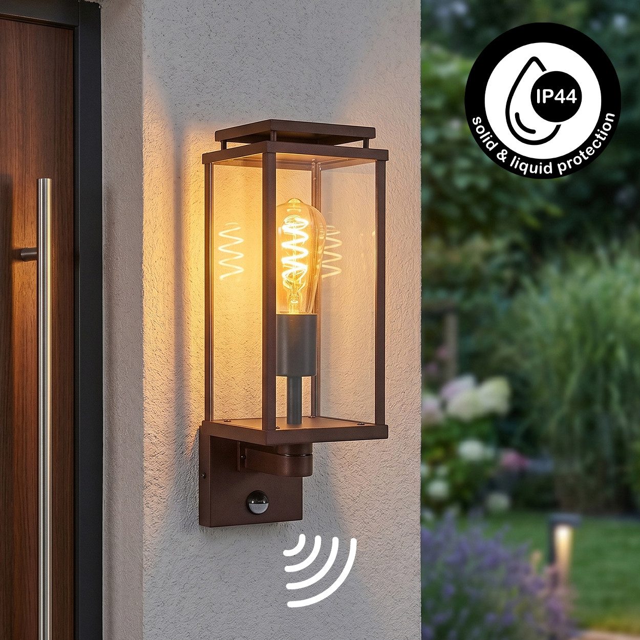 hofstein Außen-Wandleuchte Außenwandlampe mit Bewegungsmelder aus Metall/Glas in Rostfarben/Klar, ohne Leuchtmittel, Leuchte im Industrial-Design für Garten/Terrasse/Hof, E27, IP44
