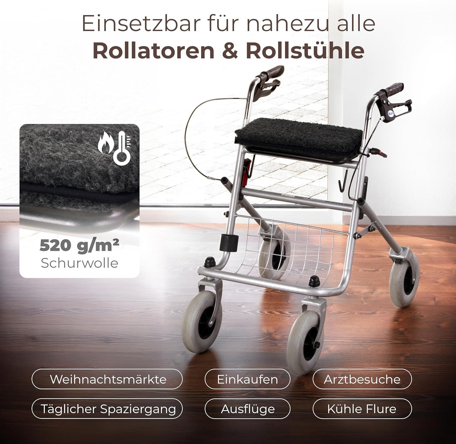 Novaliv Haltungskissen Novaliv Rollatorkissen Anthrazit 100% Schurwolle warm & atmungsaktiv 3, 1-tlg., Novaliv Rollatorkissen Anthrazit 100% Schurwolle warm & a – Bild 5 von 5
