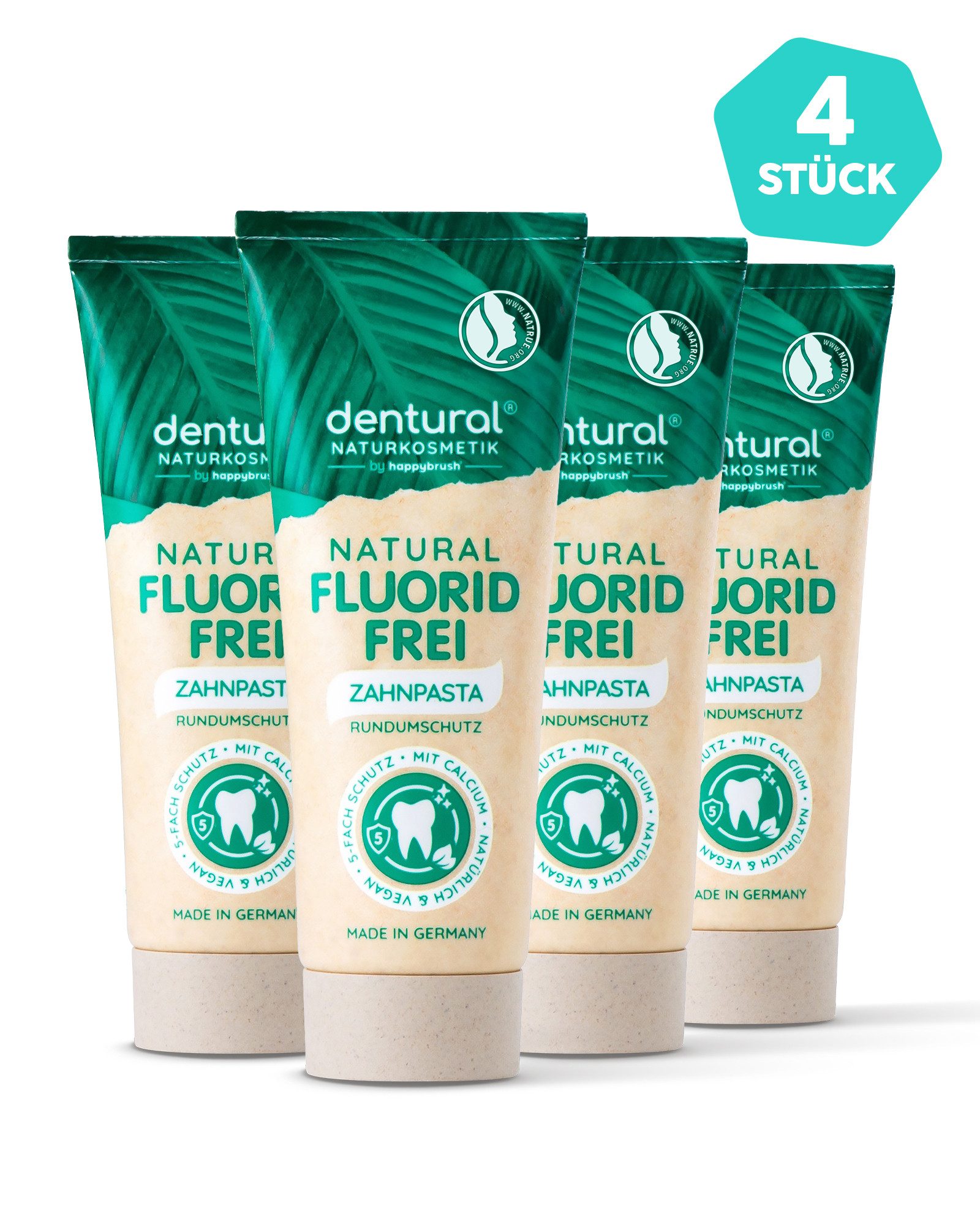 happybrush Zahnpasta dentural - Fluoridfrei - 4er Pack, (Spar-Set) vegan und FREI VON Natriumlaurylsulfat, Palmöl, Triclosan, Titandioxid