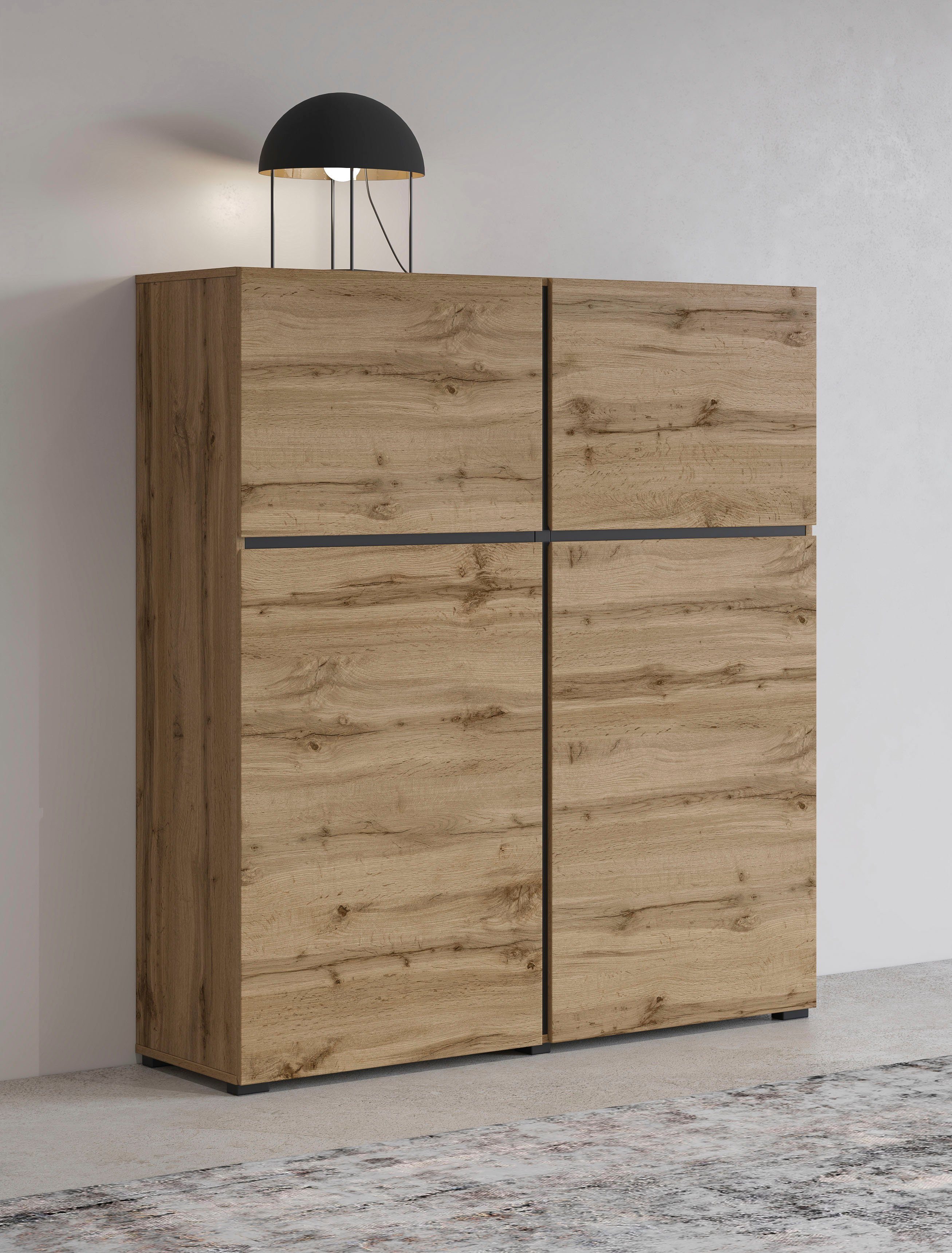 Highboard Cross, moderne grifflose Hochkommode mit 4 Türen,Türkommode