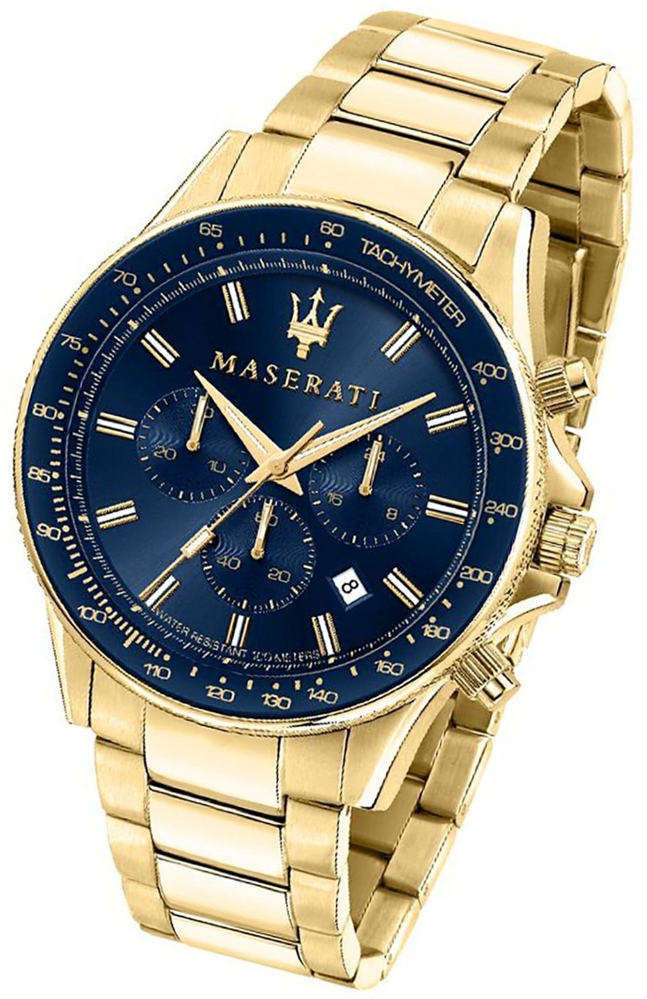 MASERATI Chronograph Maserati Edelstahl Armband-Uhr, Herrenuhr Edelstahlarmband, rundes Gehäuse, groß (ca. 44mm) blau