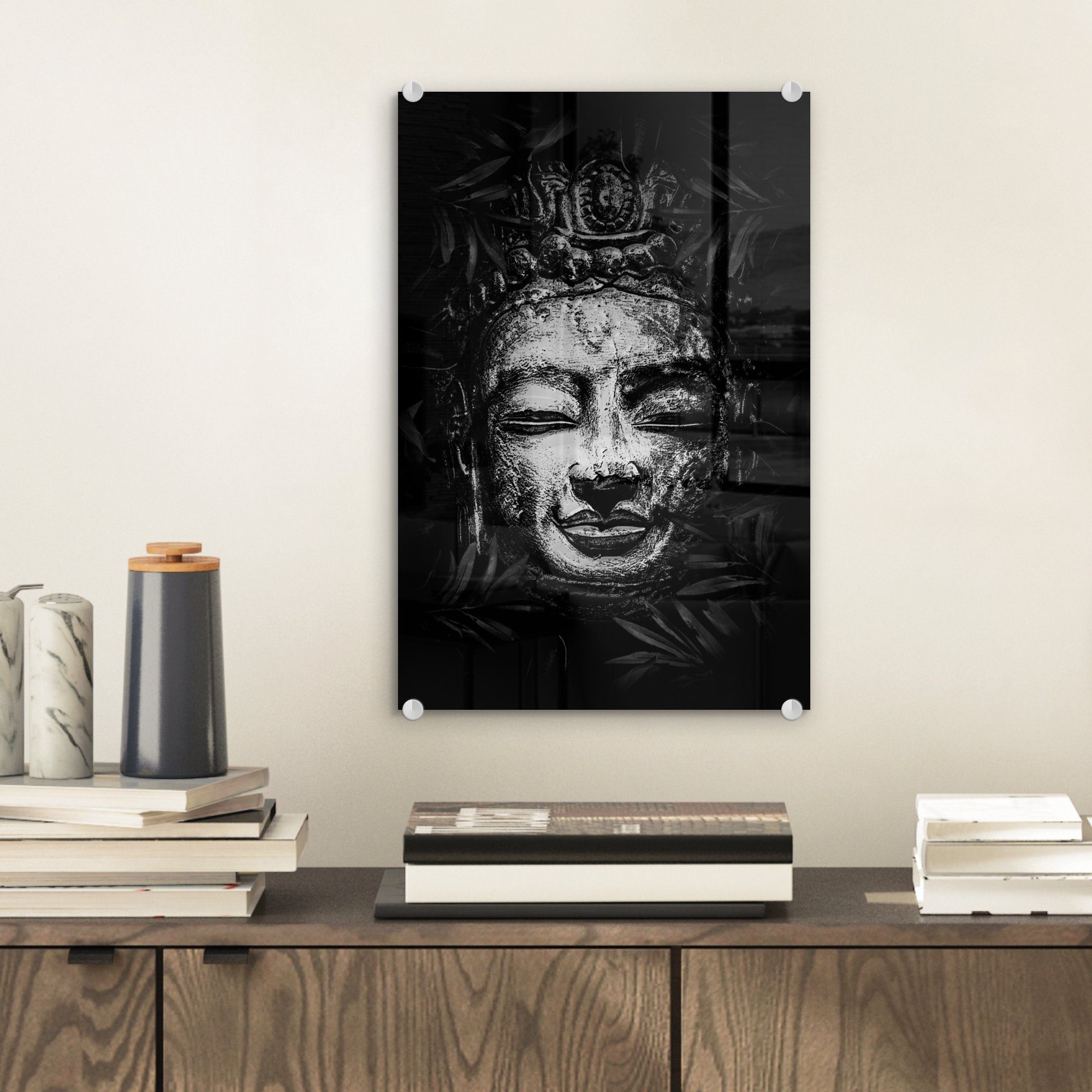 herum Rauher mit MuchoWow Buddhas - - Kopf Wandbild auf eines St), schwarz, auf bunt - (1 tropischen Bilder - Wanddekoration Blättern Foto Glas drum Glas Glasbilder Acrylglasbild