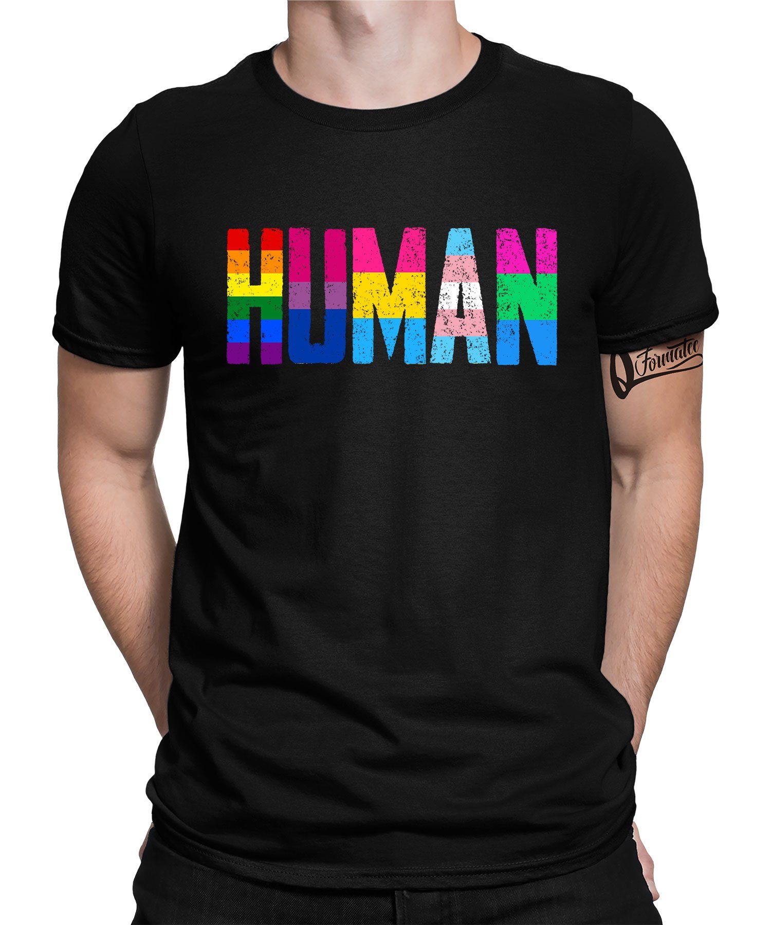 Quattro Formatee (1-tlg) Human Herren Gay Stolz Regenbogen - Kurzarmshirt Schwarz LGBT Pride T-Shirt