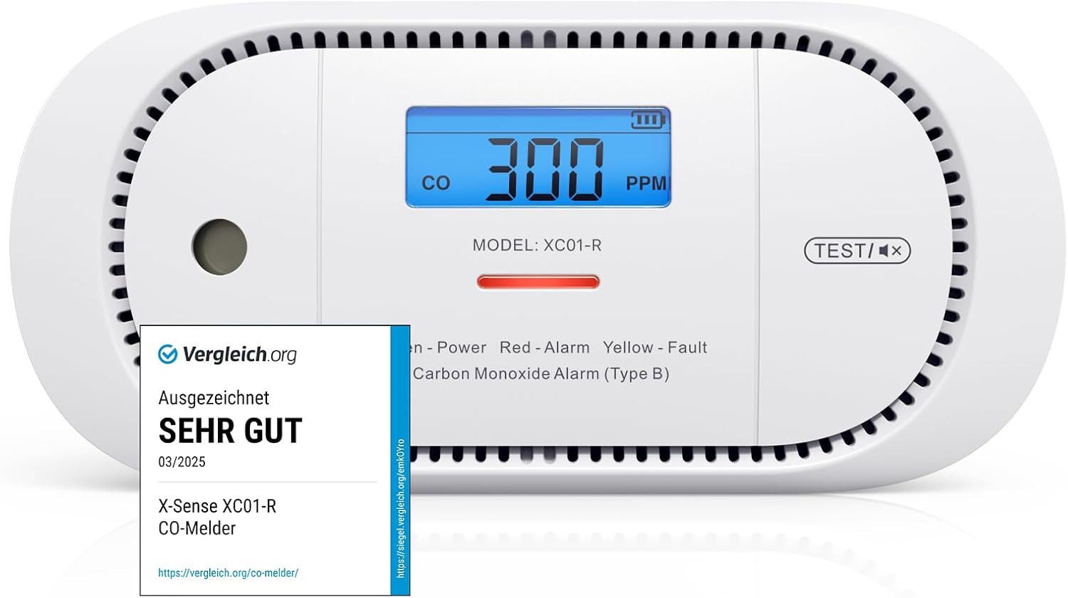 X-SENSE XC01-R Kohlenmonoxidmelder mit LCD-Display 5 Jahres Batterie CO-Melder (Spitzenwertspeicher, 85-Dezibel-Alarm)