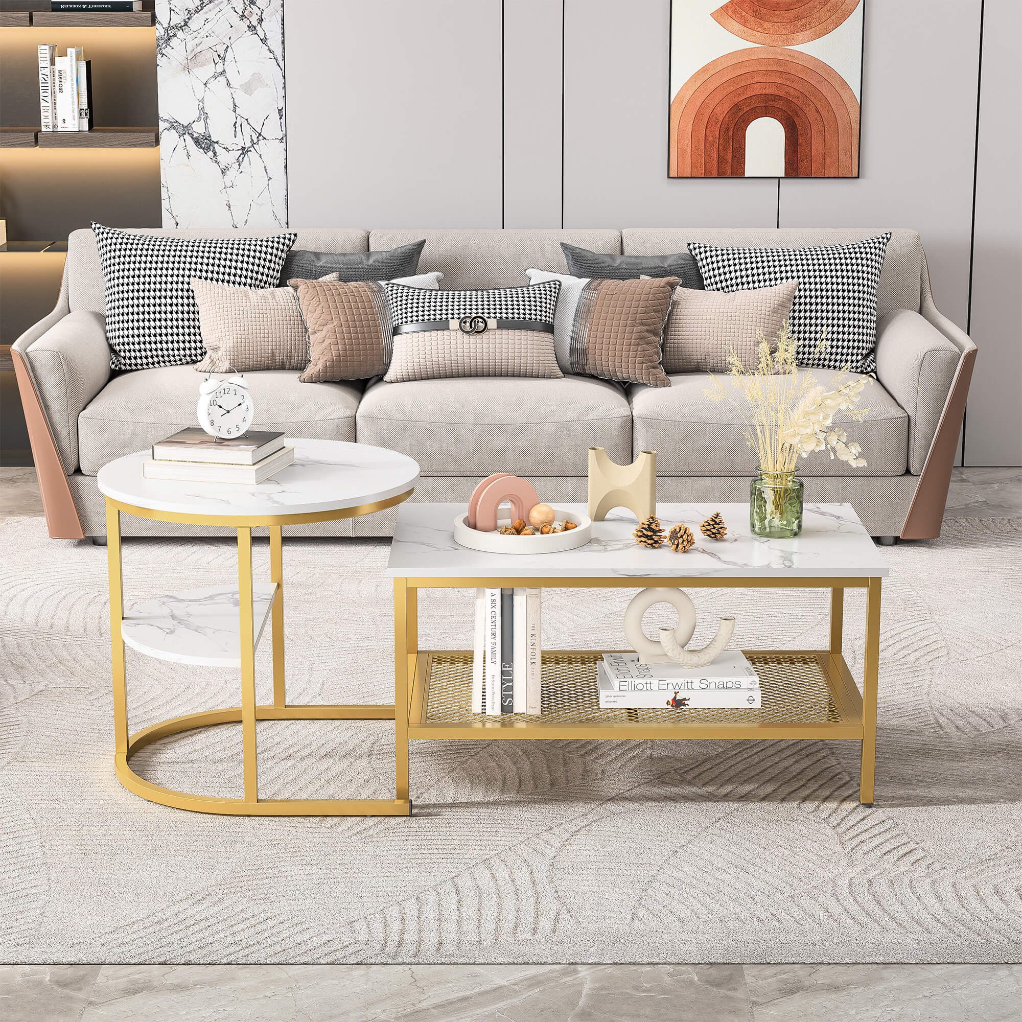 Furnishings Home Couchtisch 2er-Set Runde + Rechteck Beistelltische aus Holz & Metall (2-St., 2-St, 80x46x41 cm + 52x51 cm), Moderne Kaffeetische für Wohnzimmer – Bild 4 von 5