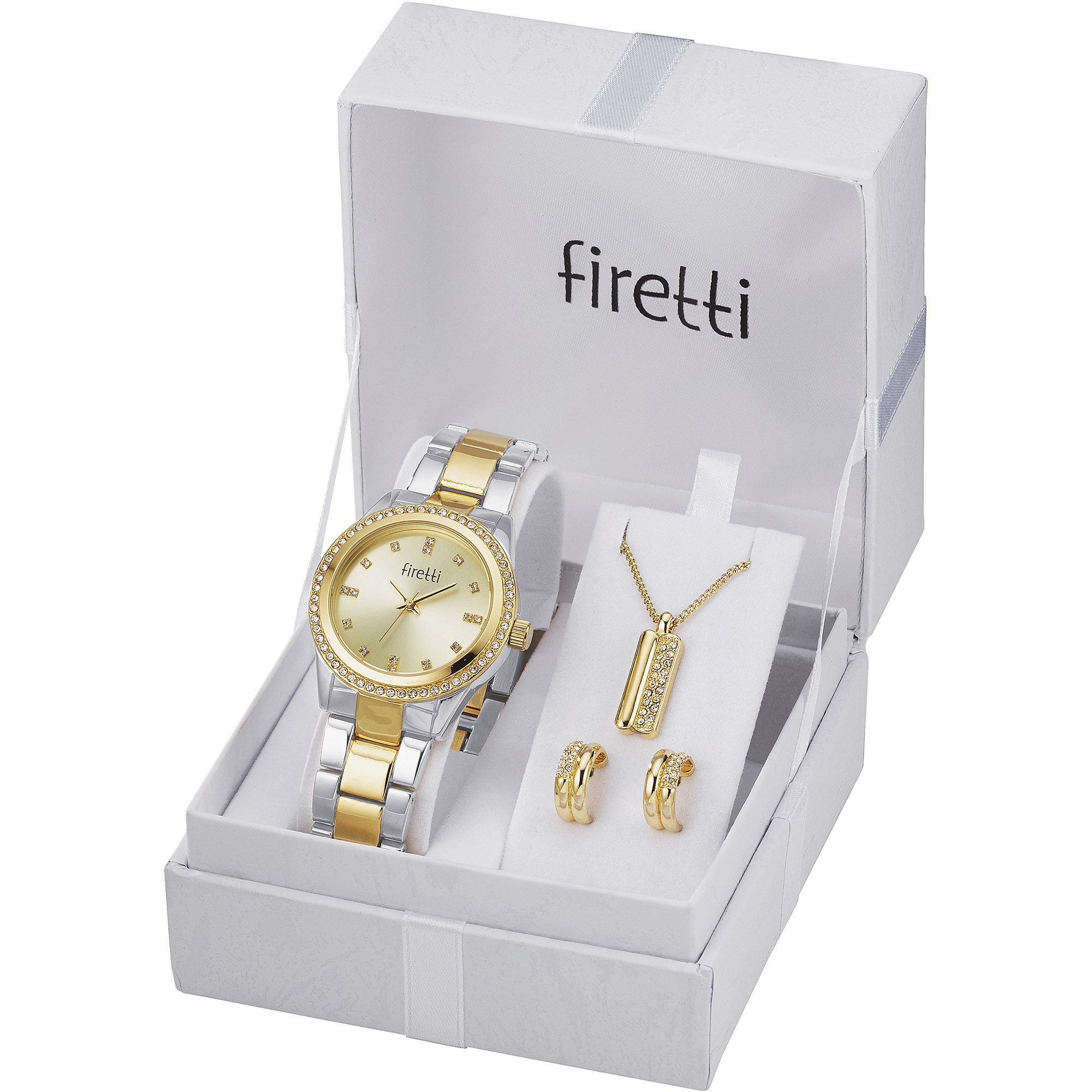 Firetti Quarzuhr Lumina, (Set, 4-tlg., mit Anhänger, Kette und 1 Paar Ohrsteckern), Armbanduhr, Damenuhr, Ideal auch als Geschenk, analog, Glassteine