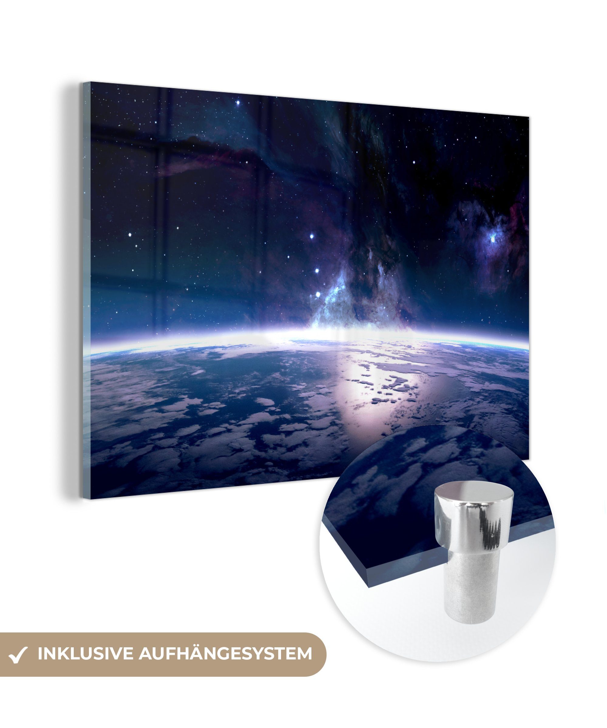 MuchoWow Acrylglasbild Weltraum - Erde - Licht, (1 St), Glasbilder - Bilder auf Glas Wandbild - Foto auf Glas - Wanddekoration