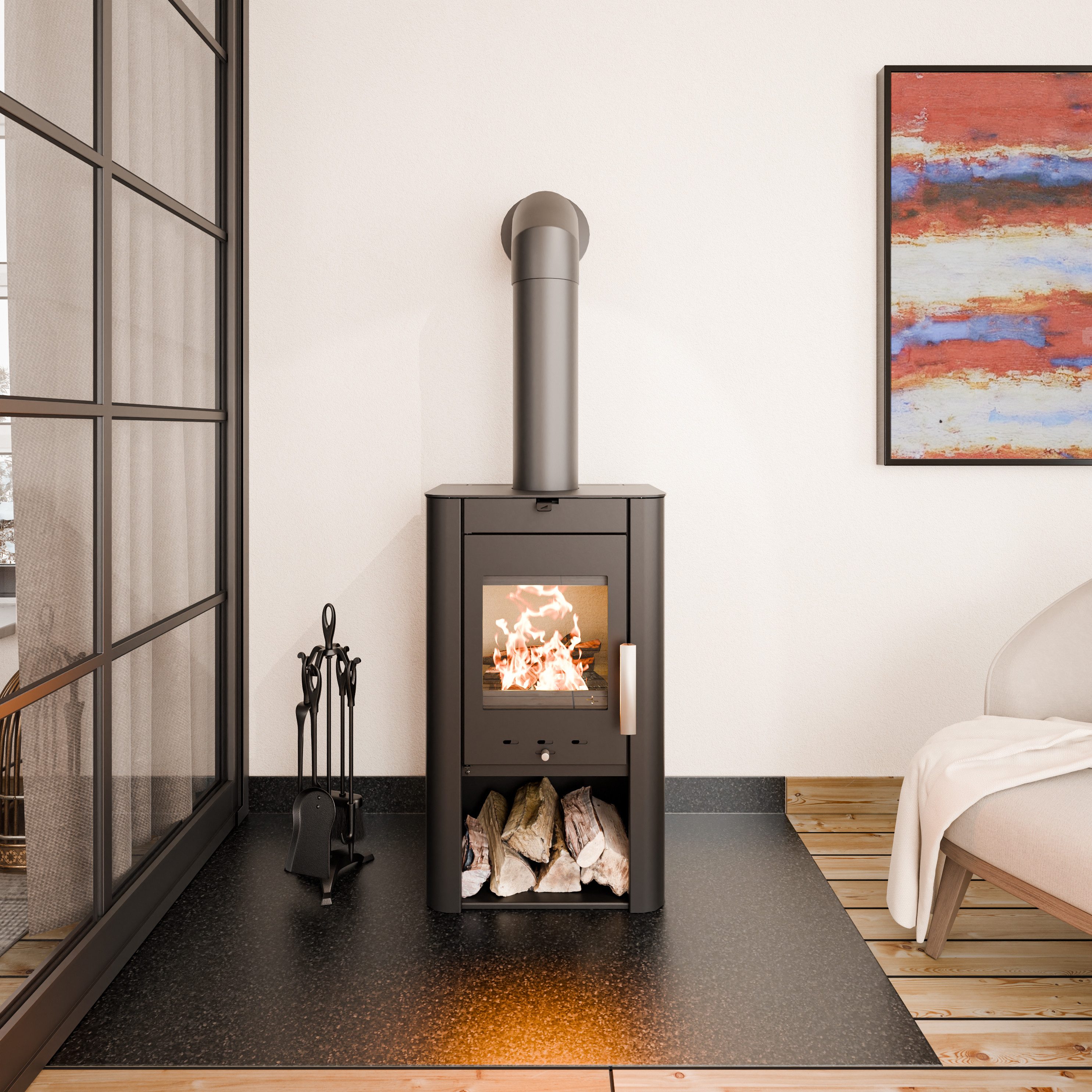 Haas + Sohn Kaminofen PRUNUS II Stahl tief-schwarz, mit Holzfach, 6,4 kW, Zeitbrand