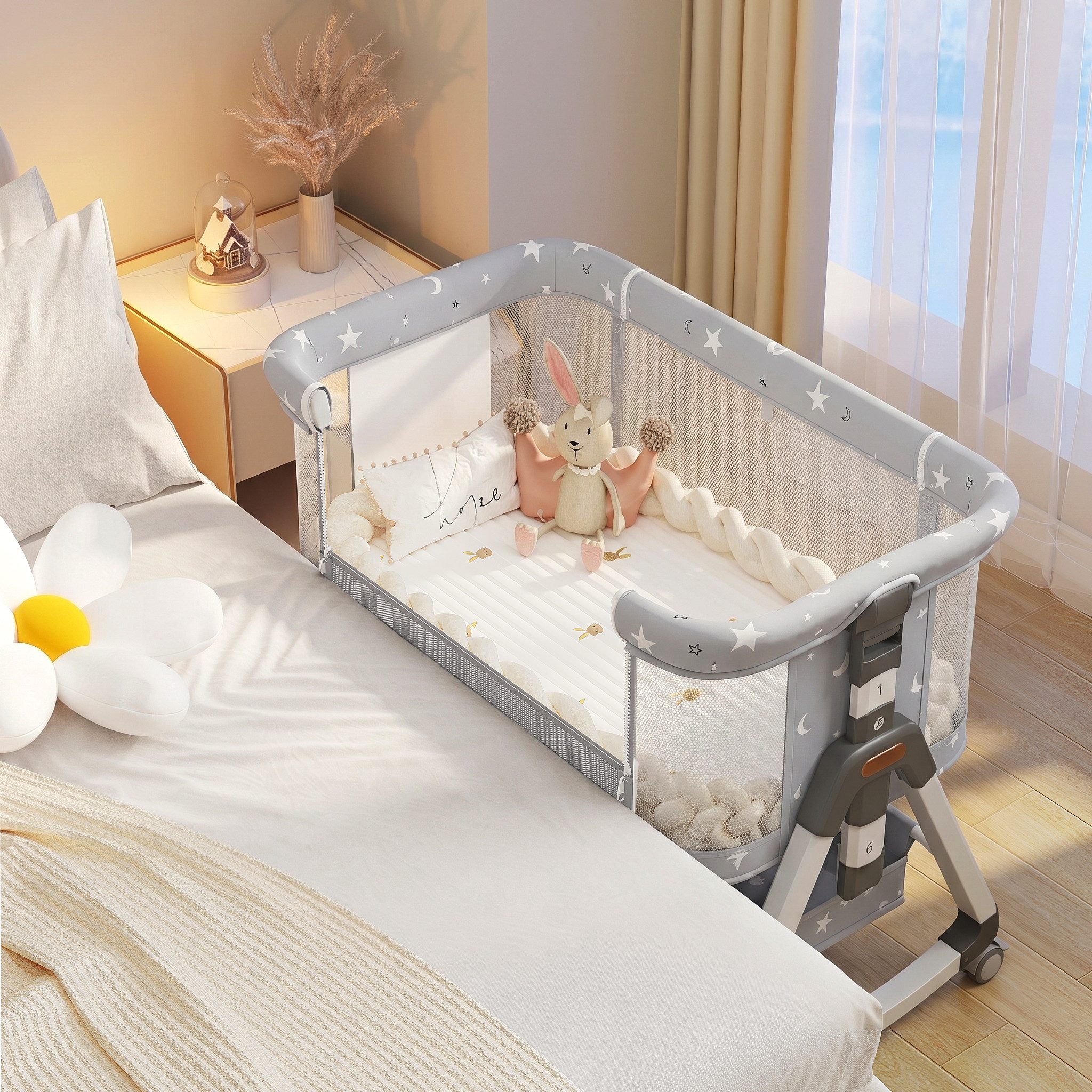oyajia Beistellbett 3 in 1 Beistellbett Stubenwagen Babybett Baby Reisebett, 6-stufige Höhenverstellung, mit Rollen, Moskitonetz und Matratze