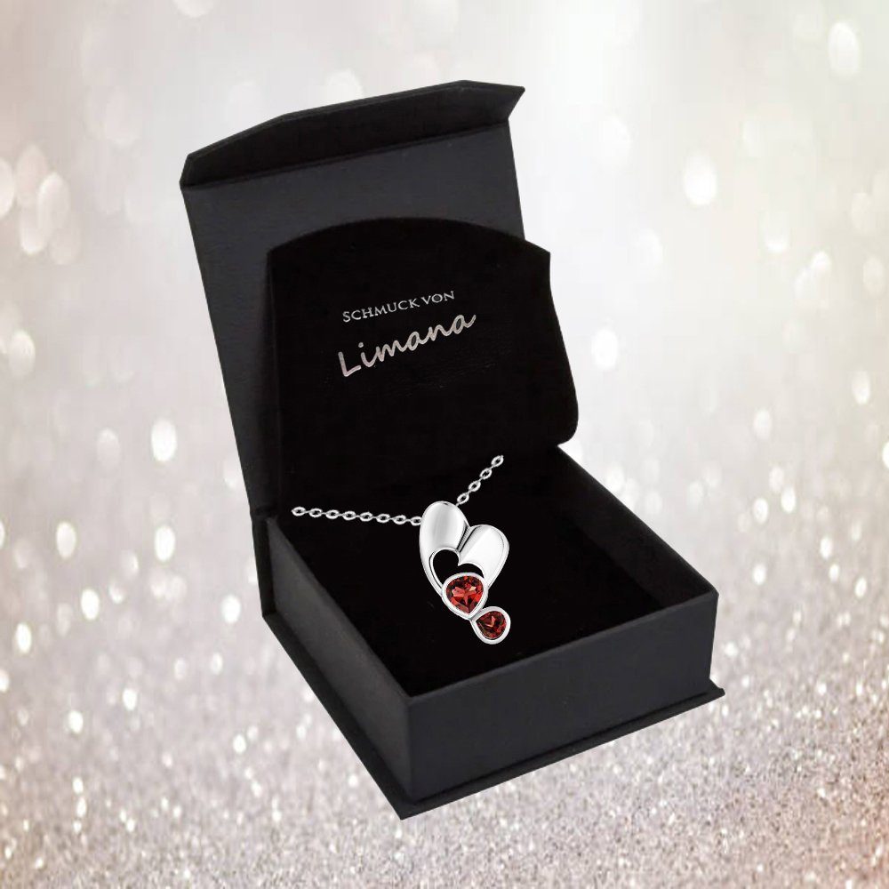 Limana Herzkette echte Edelsteine roter Granat 925 Silber Kette mit Herz Frauenkette (inkl. Herz Geschenkdose und Tasche), Liebesgeschenk Set Liebe Geschenk für Frauen Damen Freundin Mutter Oma