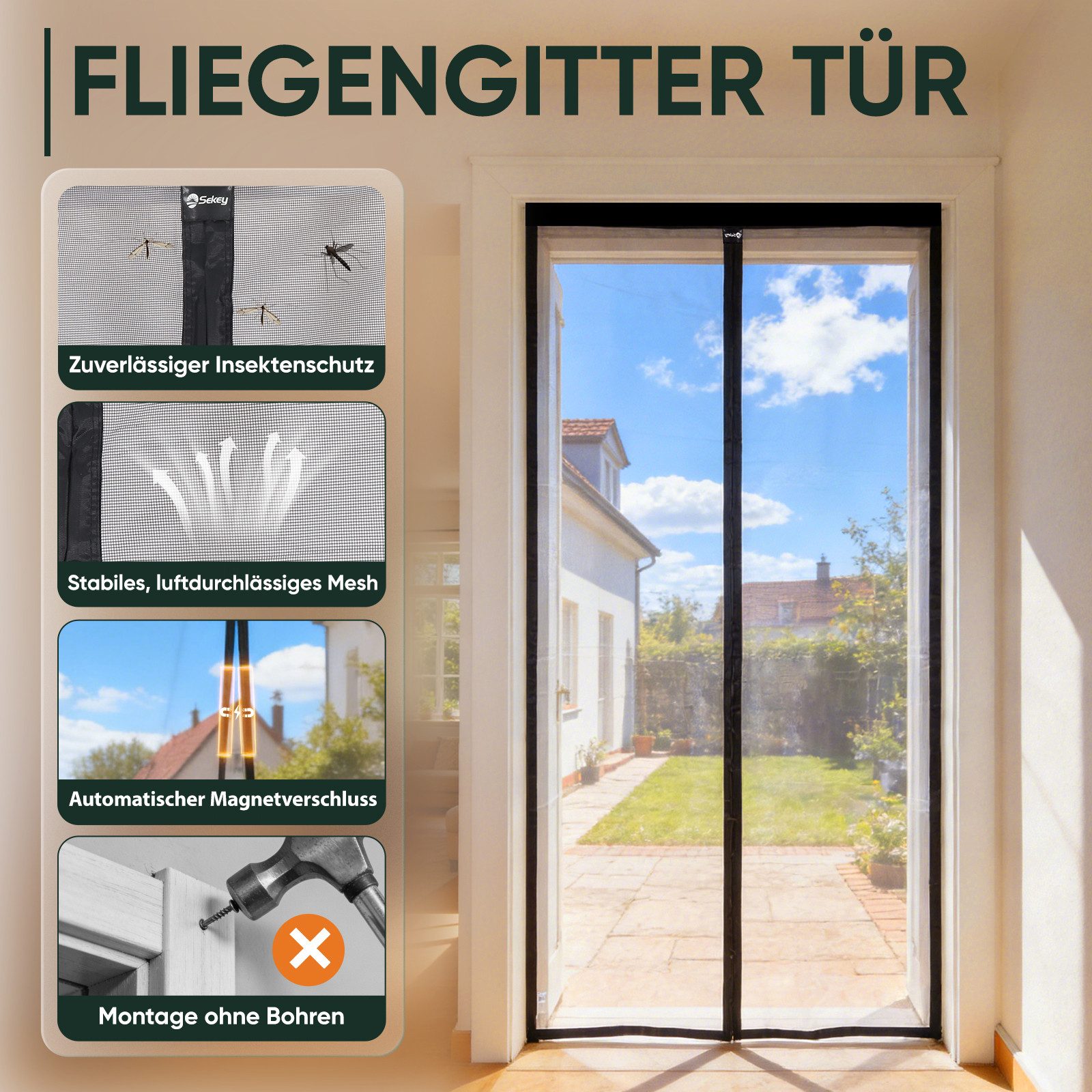 Sekey Insektenschutz-Tür Fliegengitter für Balkontür Magnet ohne Bohren Insektenschutzgitter, Insektenschutz Tür für Terrassentür Fliegengitter Tür Moskitonetz