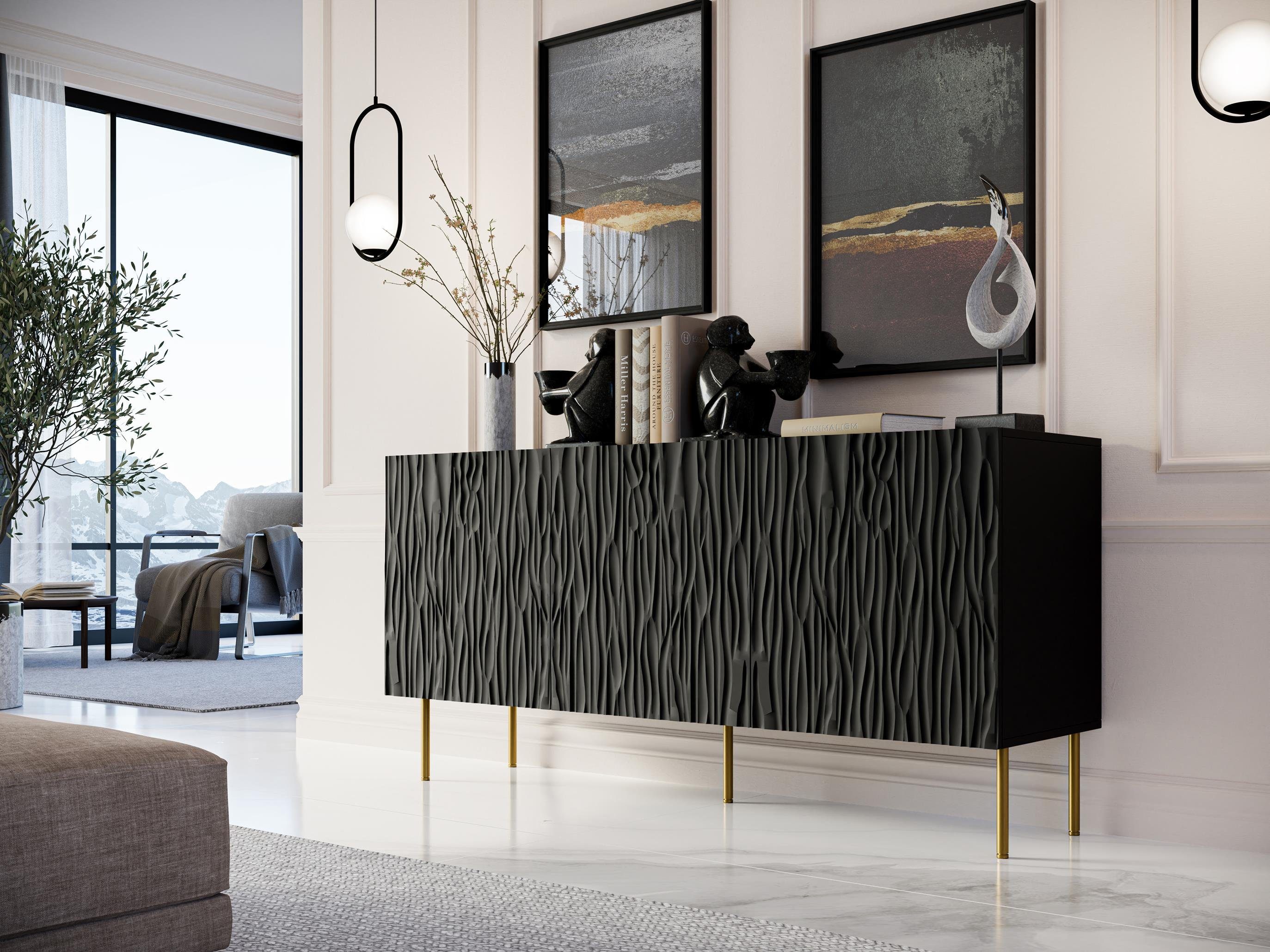 Furnix Kombikommode GLEYA Sideboard multifunktioneller Highboard mit gefrästen Fronten, B152 oder 190 x H74,5 x T42 cm Schwarz matt