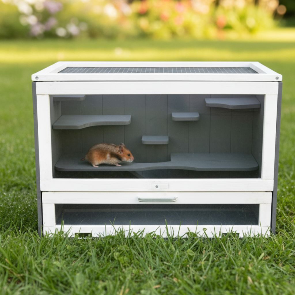 Mucola Kleintierkäfig Nagerkäfig Kleintierstall Mäusekäfig Holz Hamsterkäfig, Frontscheiben aus Plexiglas, aufklappbaren Deckel
