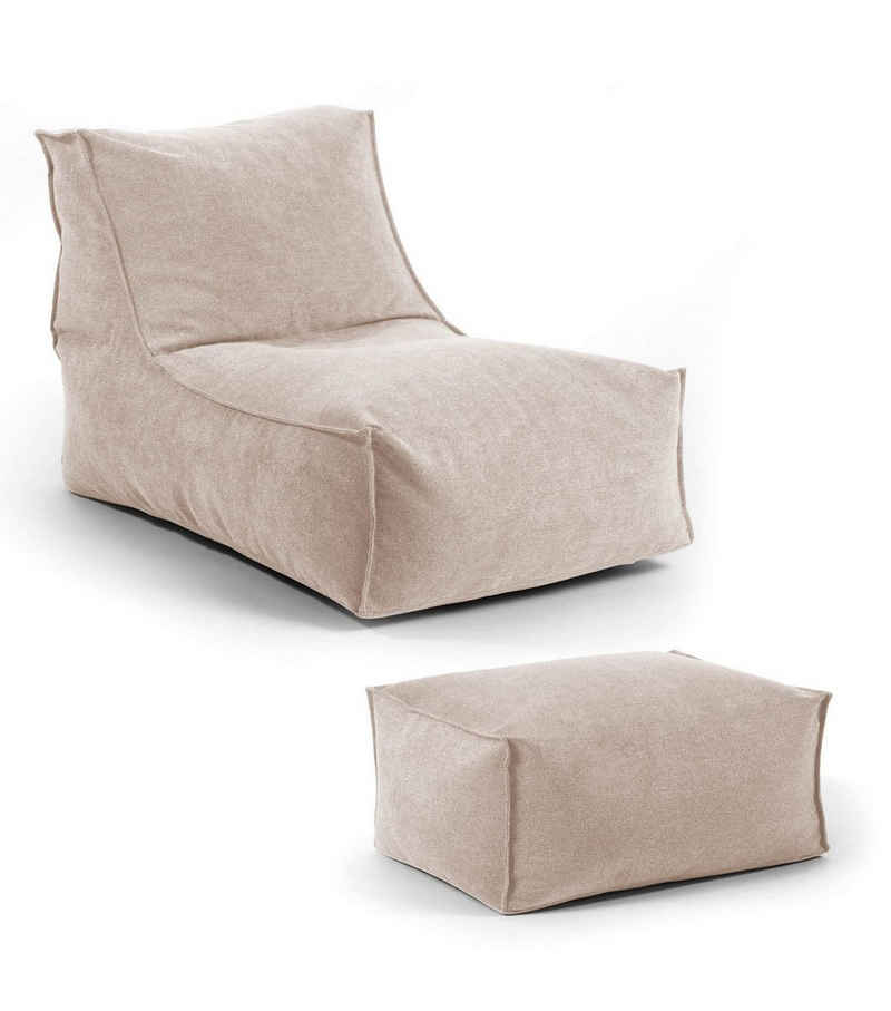 mokebo Sitzsack Der Sundowner (aus Webstoff), Indoor Bean Bag m. Hocker, Liege, Relaxliege Kinder & Erwachsene Beige