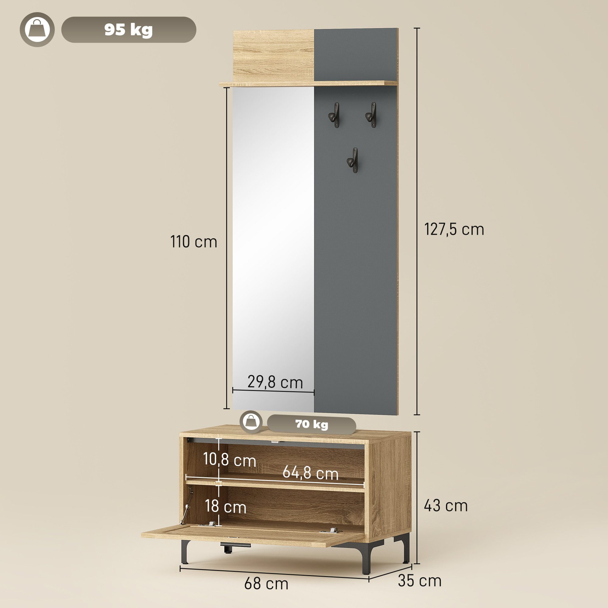 HOMCOM Garderoben-Set Garderobe mit Spiegel, Haken, Schuhbank, Ablage, (Garderobenständer, 2-St., Garderobenset), für den Flur, 60 x 13,5 x 127,5 cm, Naturholz