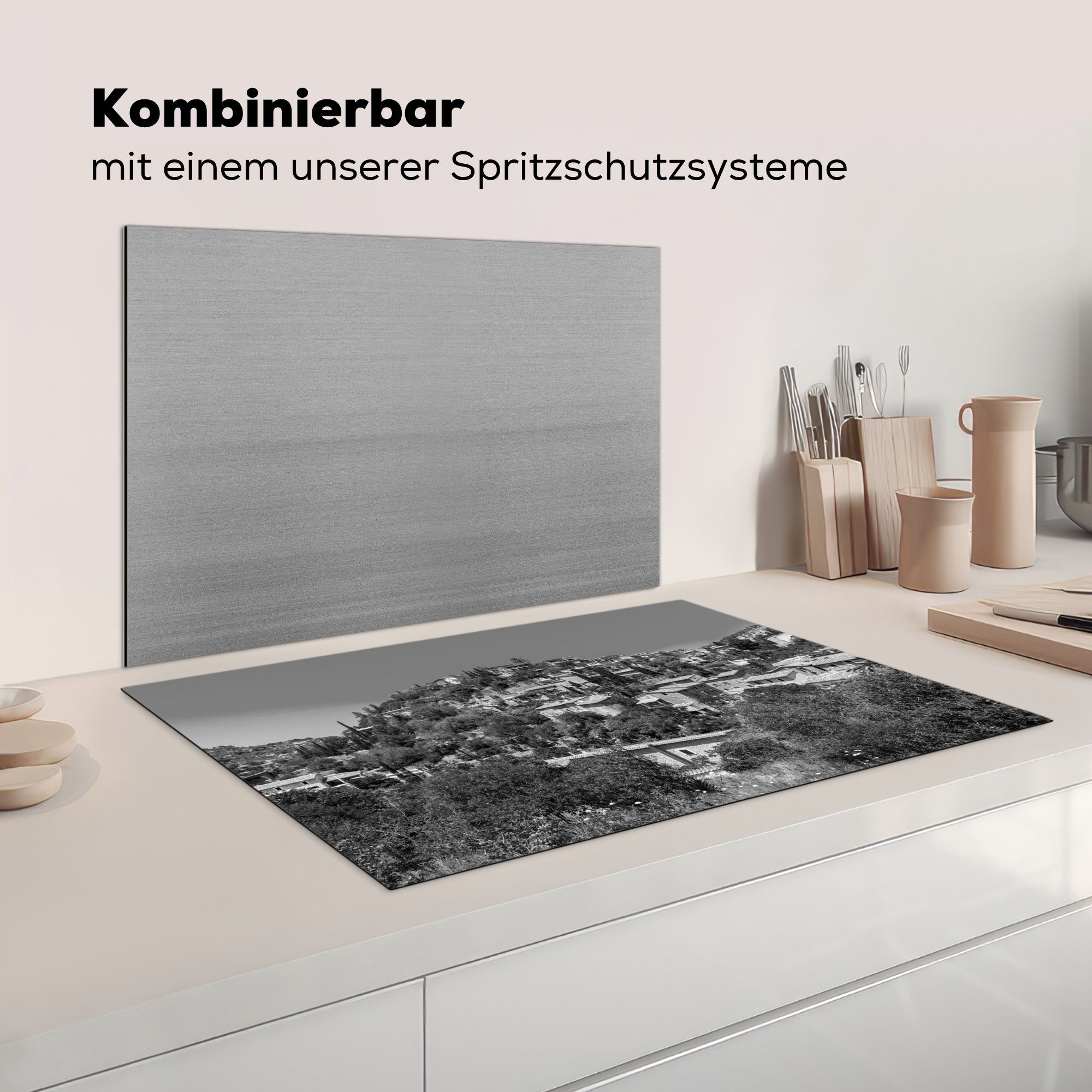 Haus küche, Berg für Weiß, Vinyl, Induktionskochfeld - Ceranfeldabdeckung Herdblende-/Abdeckplatte Mallorca 81x52 Schwarz - MuchoWow tlg), (1 Schutz - die - cm,