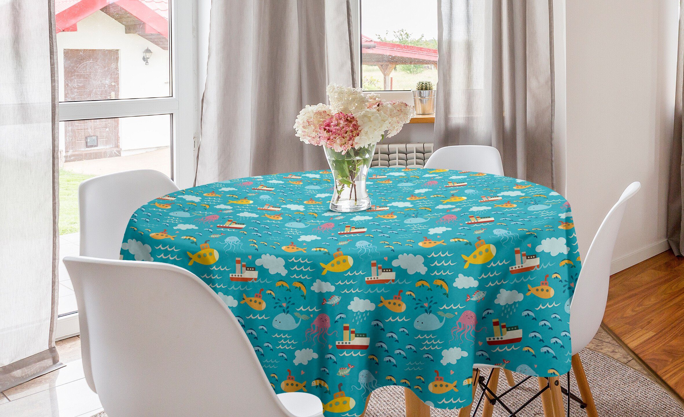 Abakuhaus Tischdecke Kreis Tischdecke Abdeckung für Esszimmer Küche Dekoration, Ozean Schiffe Marine Pattern