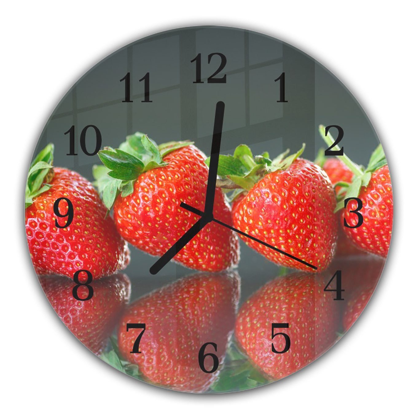 mit - cm sich Durchmesser Primedeco aus Motiv Wanduhr Quarzuhrwerk Glas Rund Erdbeeren und mit Wanduhr 30 spiegelnd