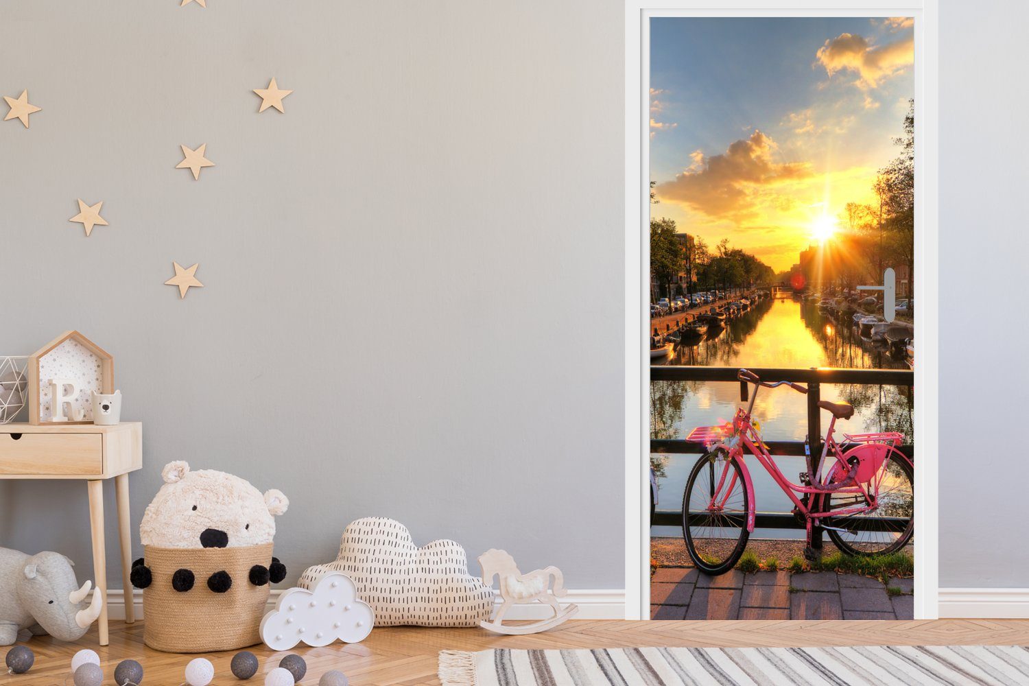 - - Amsterdam - Fahrrad Fototapete cm Sonnenuntergang, bedruckt, Matt, für Brücke Türtapete Türaufkleber, - 75x205 (1 Tür, St), MuchoWow Blumen