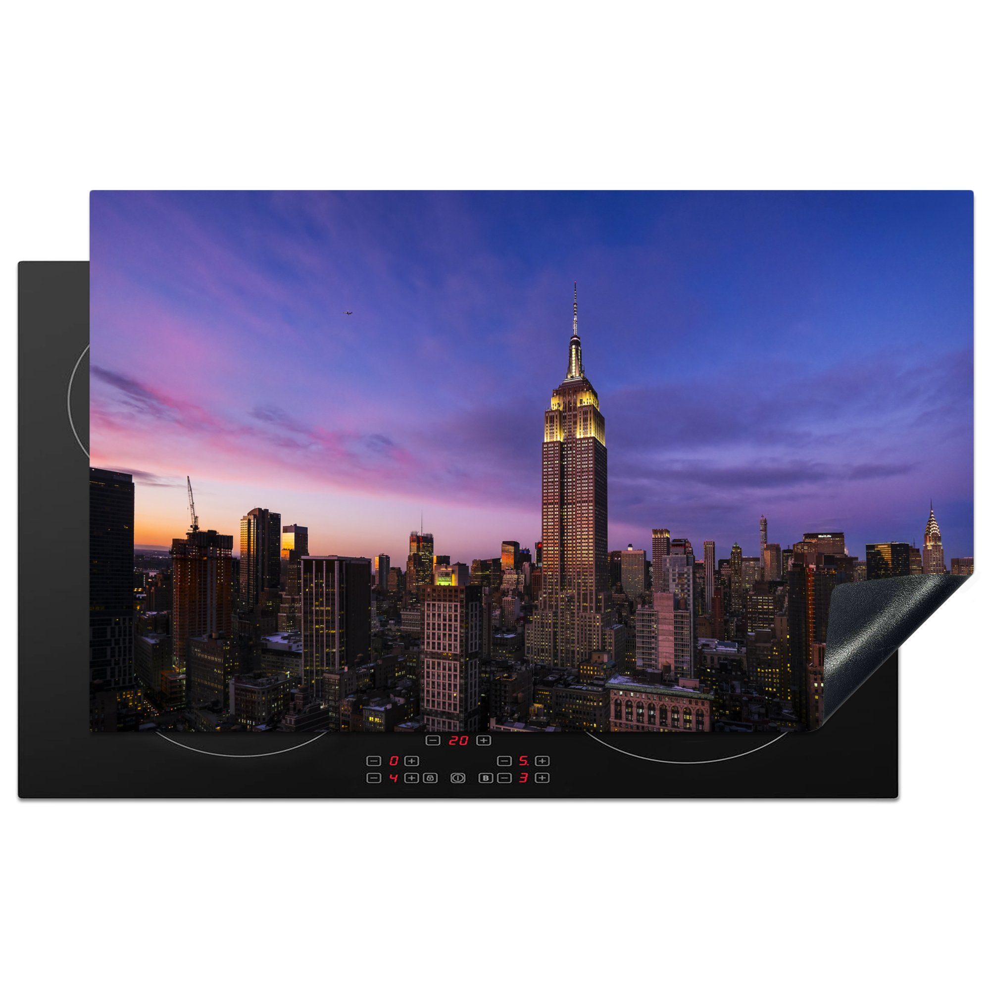 MuchoWow Herdblende-/Abdeckplatte Schöner Blick auf das Empire State Building am Abend, Vinyl, (1 tlg), 83x51 cm, Ceranfeldabdeckung, Arbeitsplatte für küche