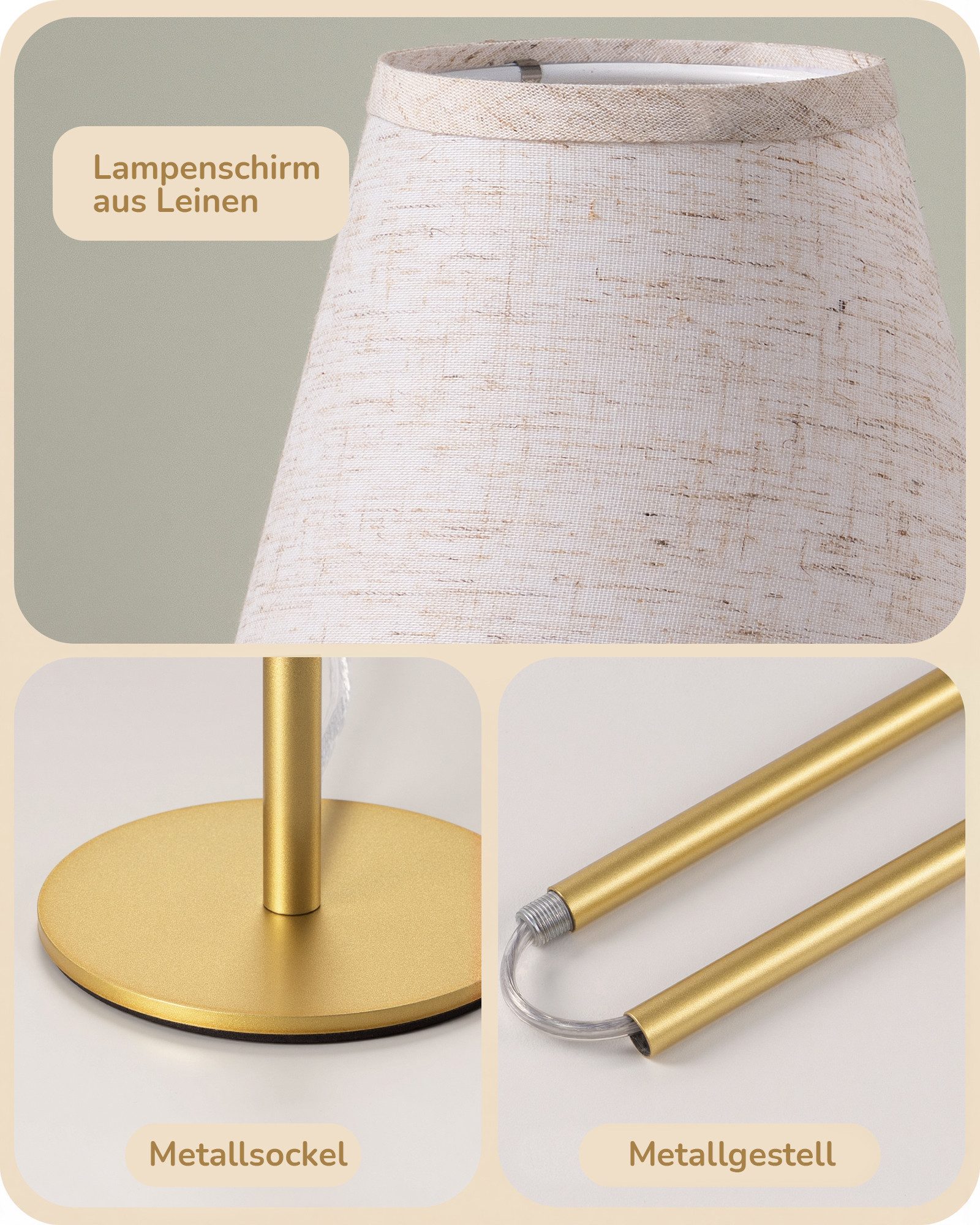 EDISHINE Nachttischlampe EDISHINE LED Nachttischlampen 2er-Set, Leinenschirm, 2700K Warmweiß, LED wechselbar, Tageslichtweiß, Tischlampe aus Metall, E27 Fassung – Bild 3 von 5