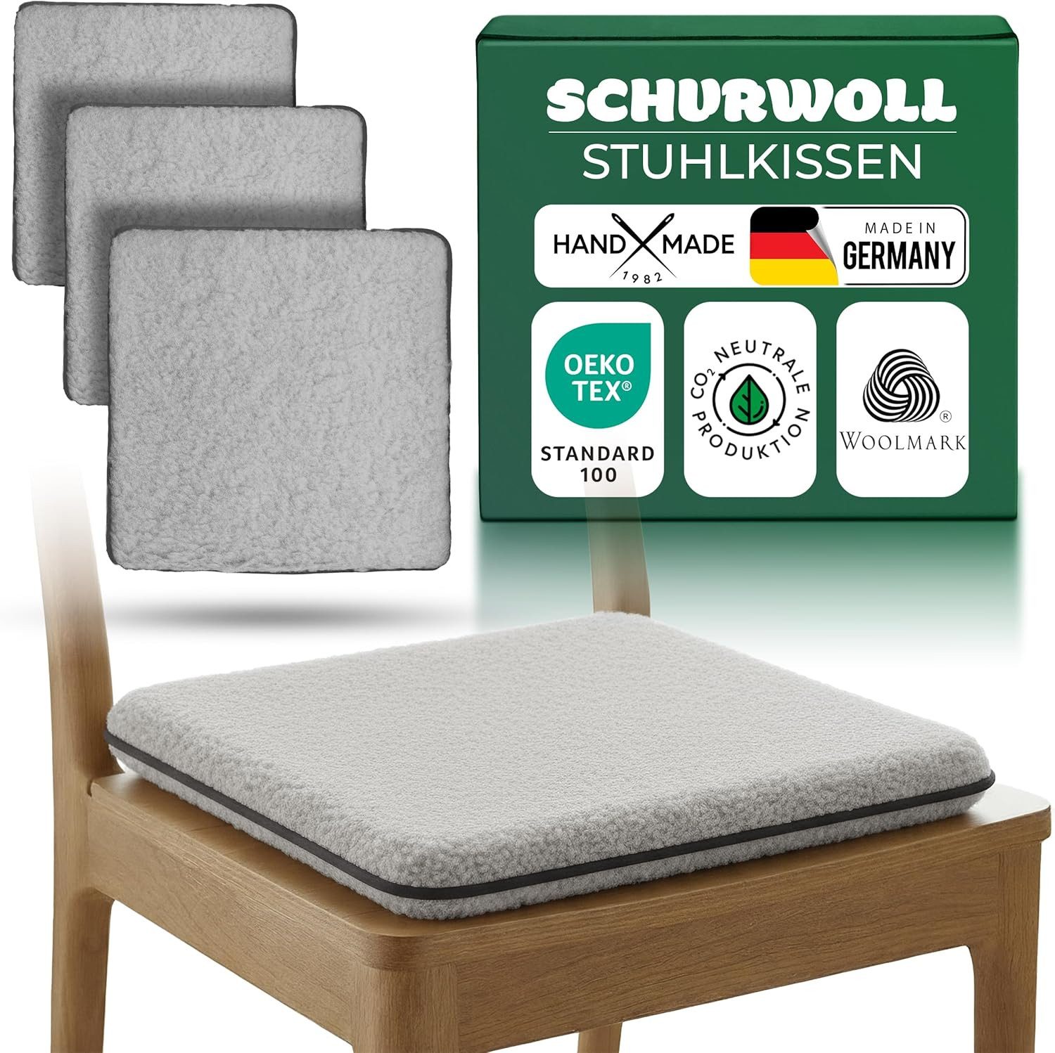 Novaliv Haltungskissen, 1-tlg., Novaliv 4er Set Stuhlkissen Schurwolle beidseitig 38 x 38 cm grau, dop