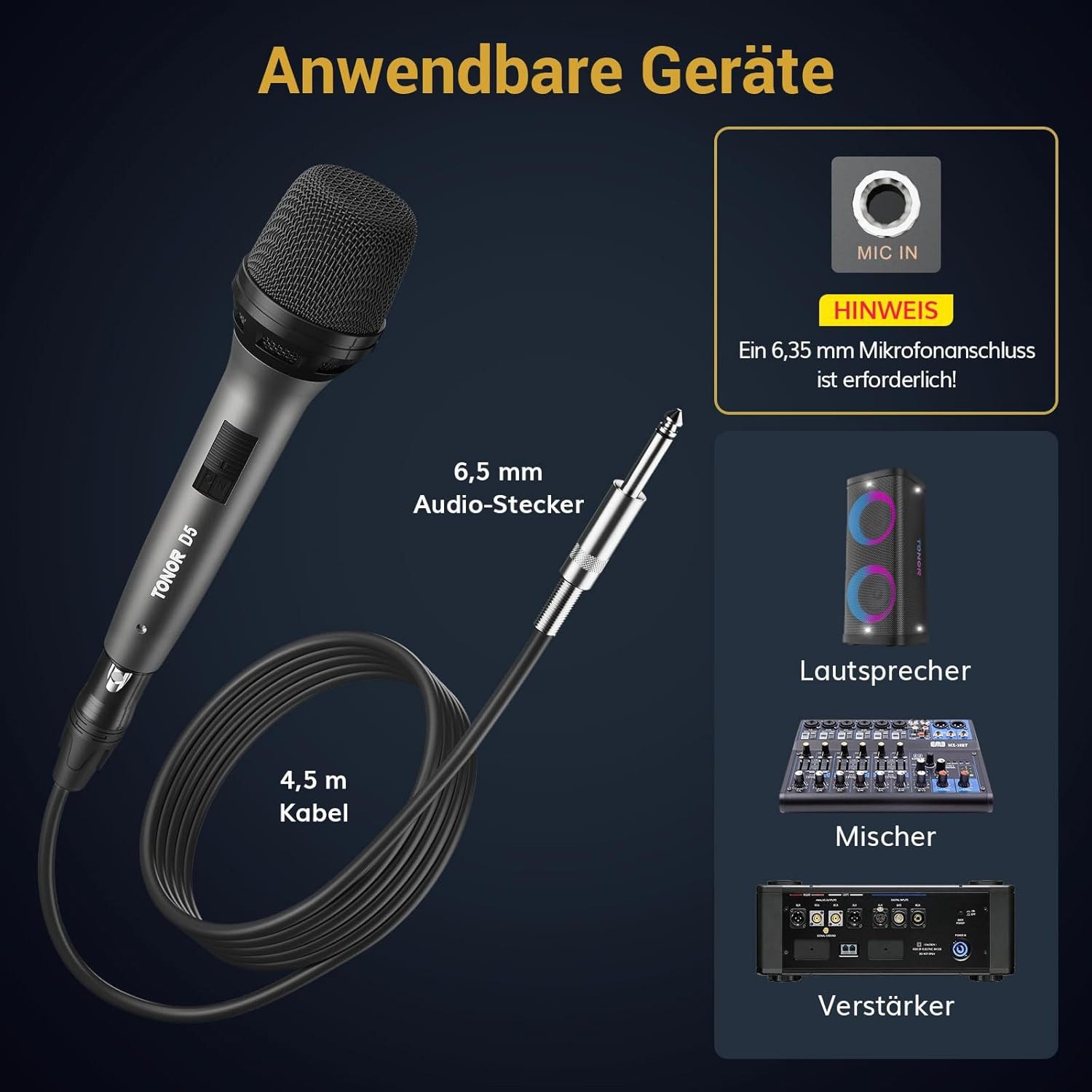 TONOR Mikrofon TONOR D5 Dynamisches Mikrofon Gesang Karaoke Nierenmikrofon XLR 4,5m